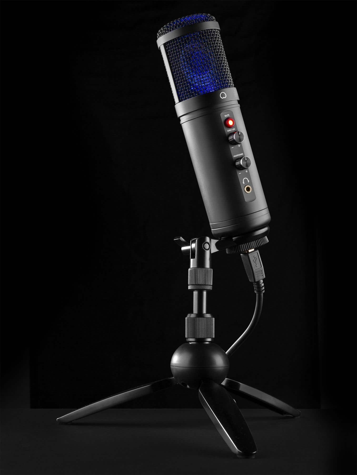 A black microphone on a stand. It has a mesh head with a blue light inside, and buttons. Background is black.