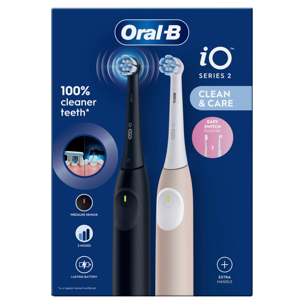 Das Bild zeigt eine Oral-B iO Series 2 elektrische Zahnbürstenbox. Zwei Zahnbürsten, eine schwarze und eine beige, werden angezeigt. Text hebt Merkmale hervor.