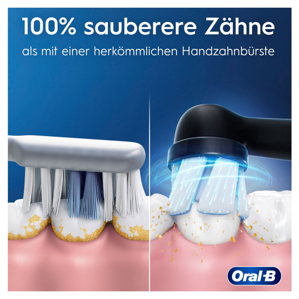 Das Bild zeigt einen Zahnreinigungsvergleich. Eine Zahnbürste reinigt Zähne und entfernt Plaque. Die Oral-B Bürste reinigt effektiver.