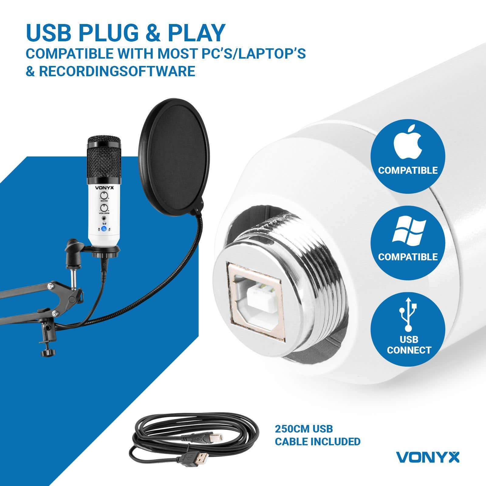 Een witte microfoon met popfilter, USB-kabel en compatibiliteitsiconen. Tekst: USB Plug & Play.