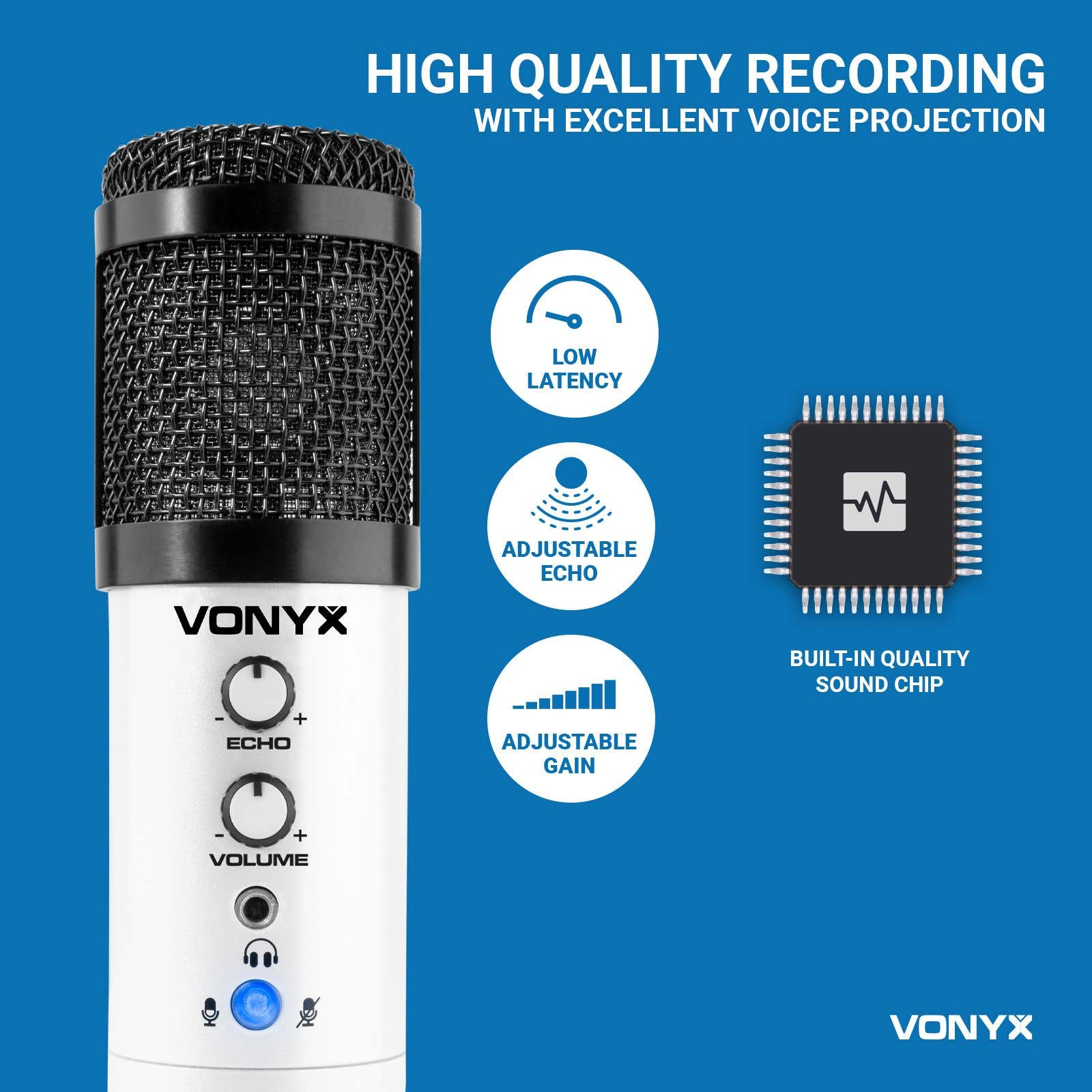 Een witte Vonyx-microfoon met een zwarte mesh-kop. Kenmerken: lage latentie, instelbare echo en gain, en een ingebouwde soundchip.