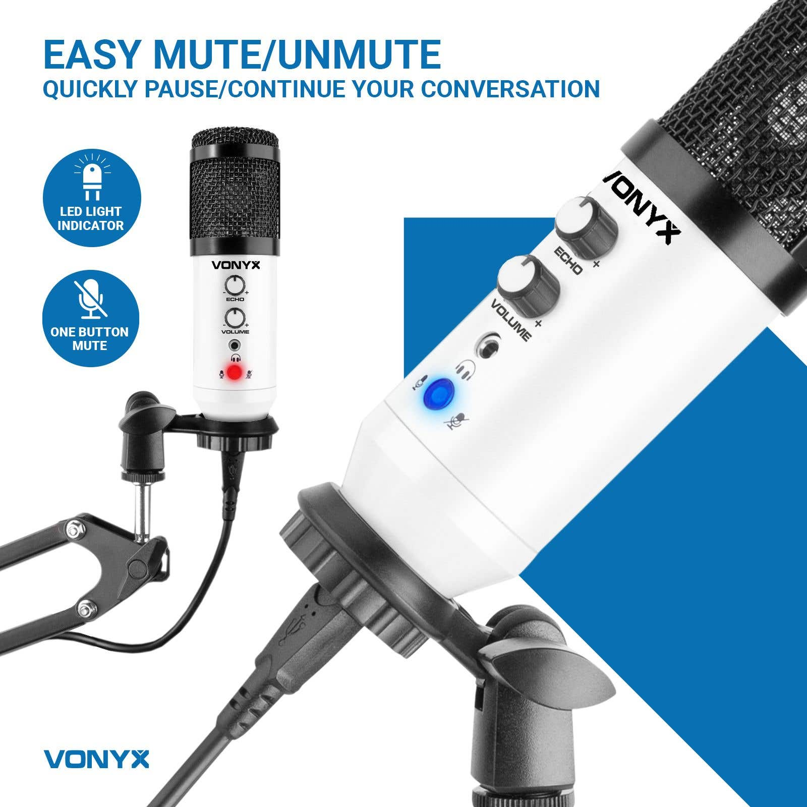 Een witte Vonyx microfoon met volume- en echobesturing, een blauw lampje en een zwarte mesh-kop. Tekst: Easy Mute/Unmute.