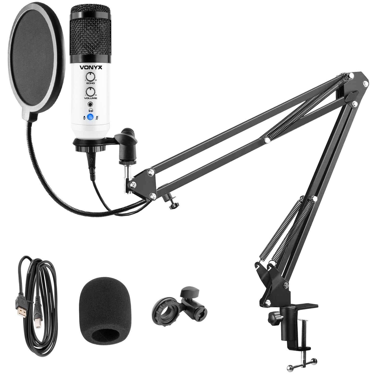 Een witte Vonyx microfoon met een zwarte mesh top, popfilter en standaard. Inclusief een schuimrubberen hoes en een USB-kabel.