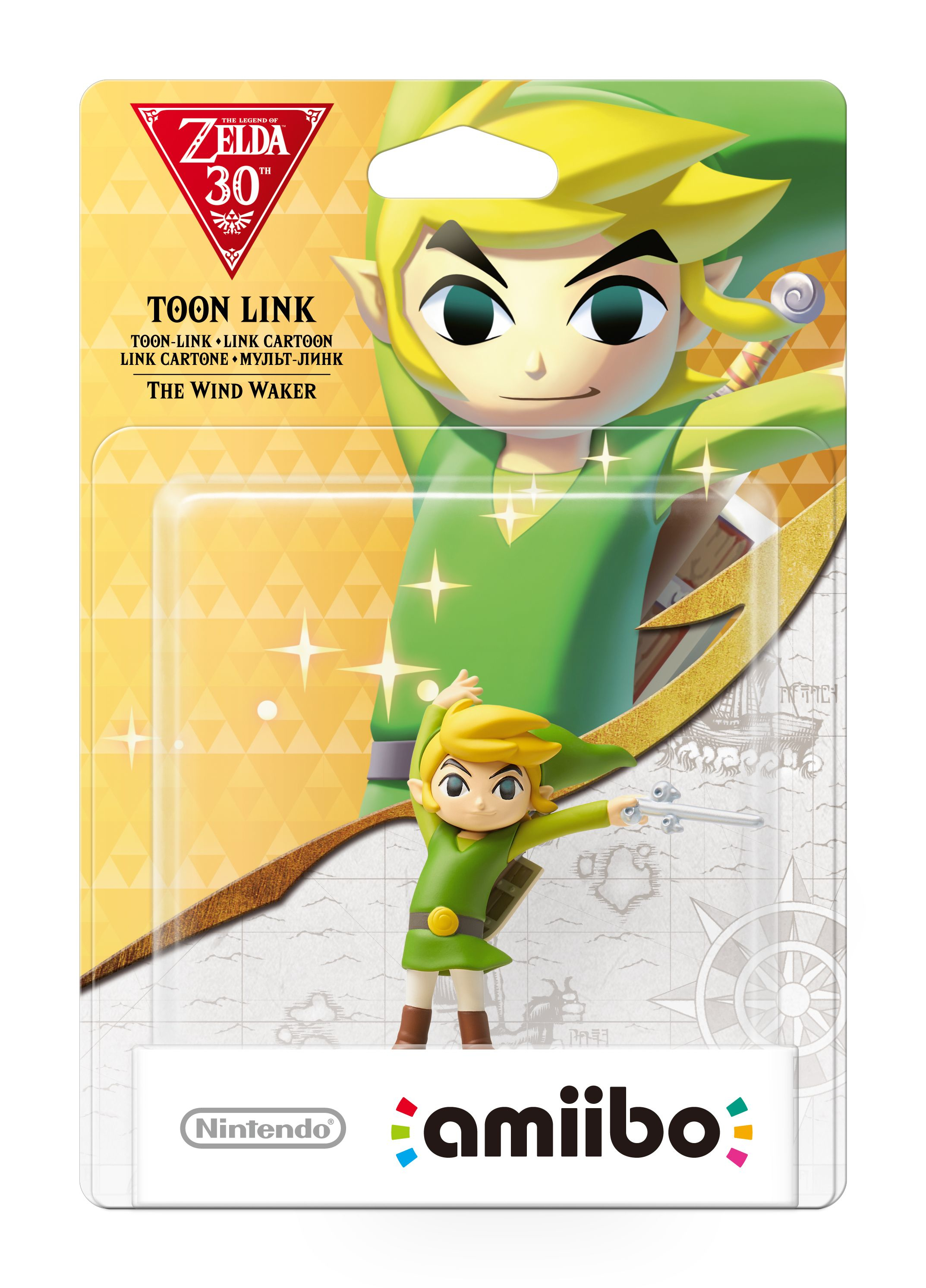 Eine Toon Link Amiibo-Figur in einem grünen Gewand. Die Verpackung hat Zelda-Branding und das Wort Amiibo.