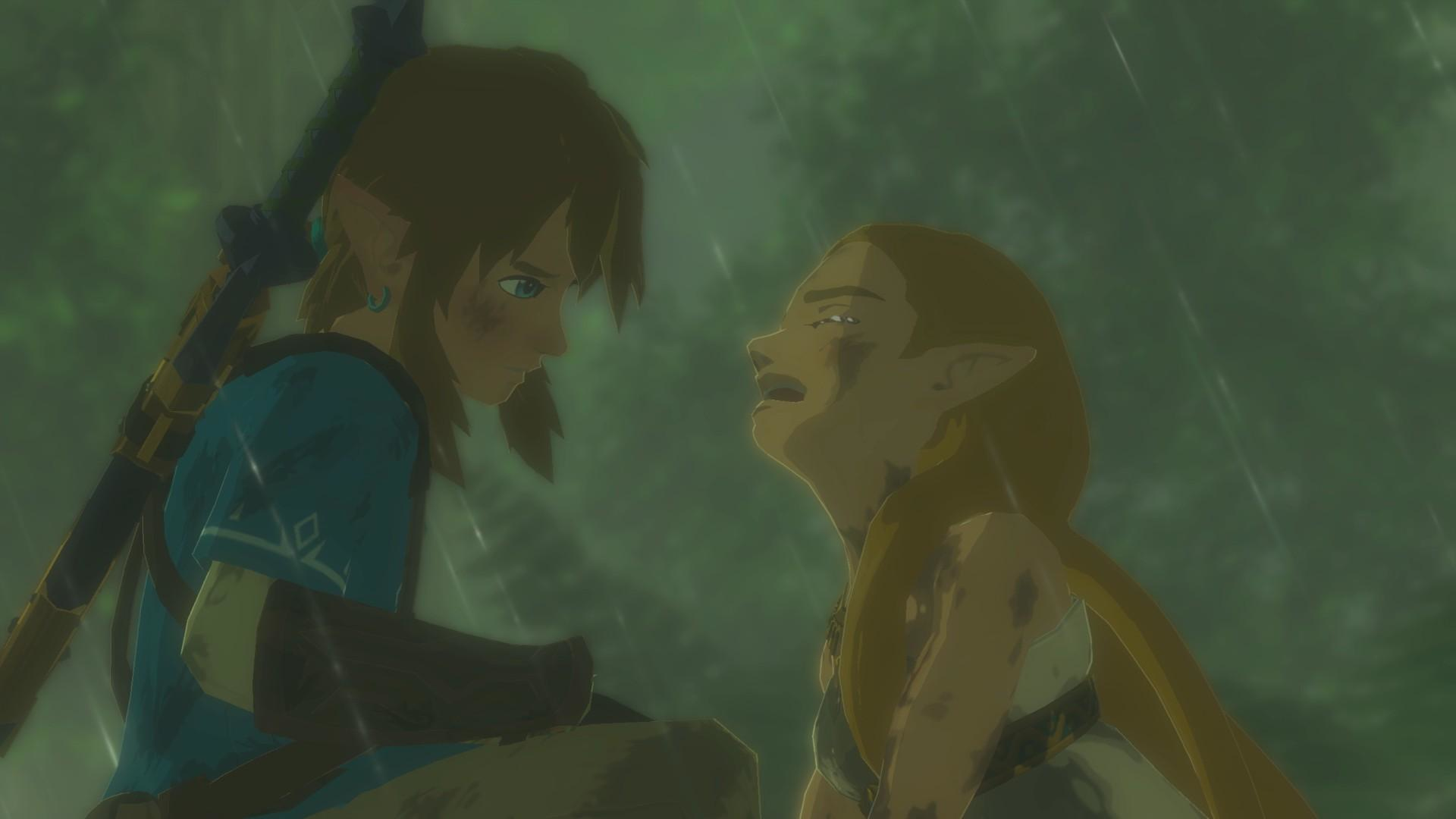 Zwei Charaktere aus einem Videospiel stehen im Regen. Einer blickt den anderen besorgt an. Der andere blickt auf, bestürzt.