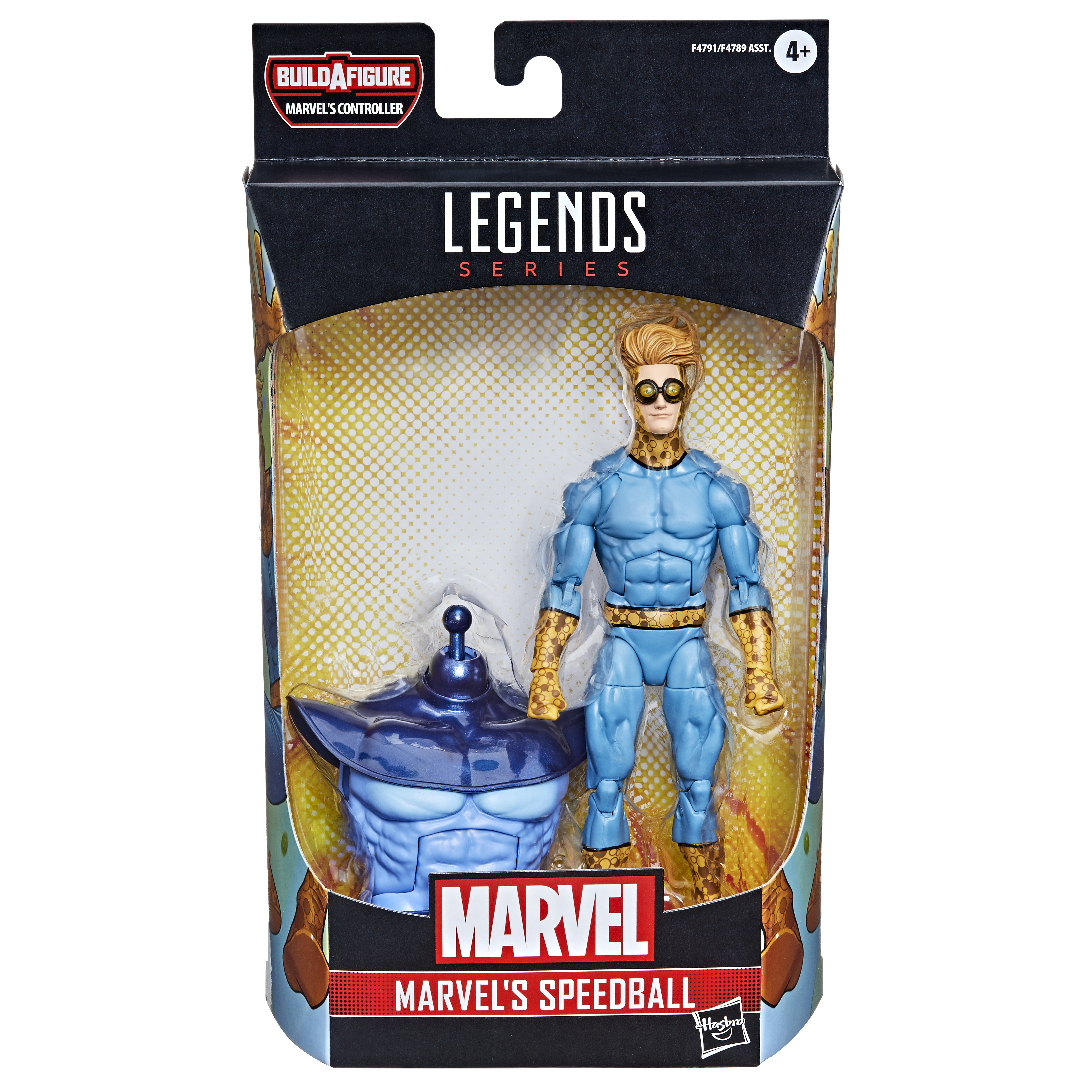 Una figura de acción de Marvel Legends Speedball en una caja. Es azul con detalles dorados y un objeto azul al lado.