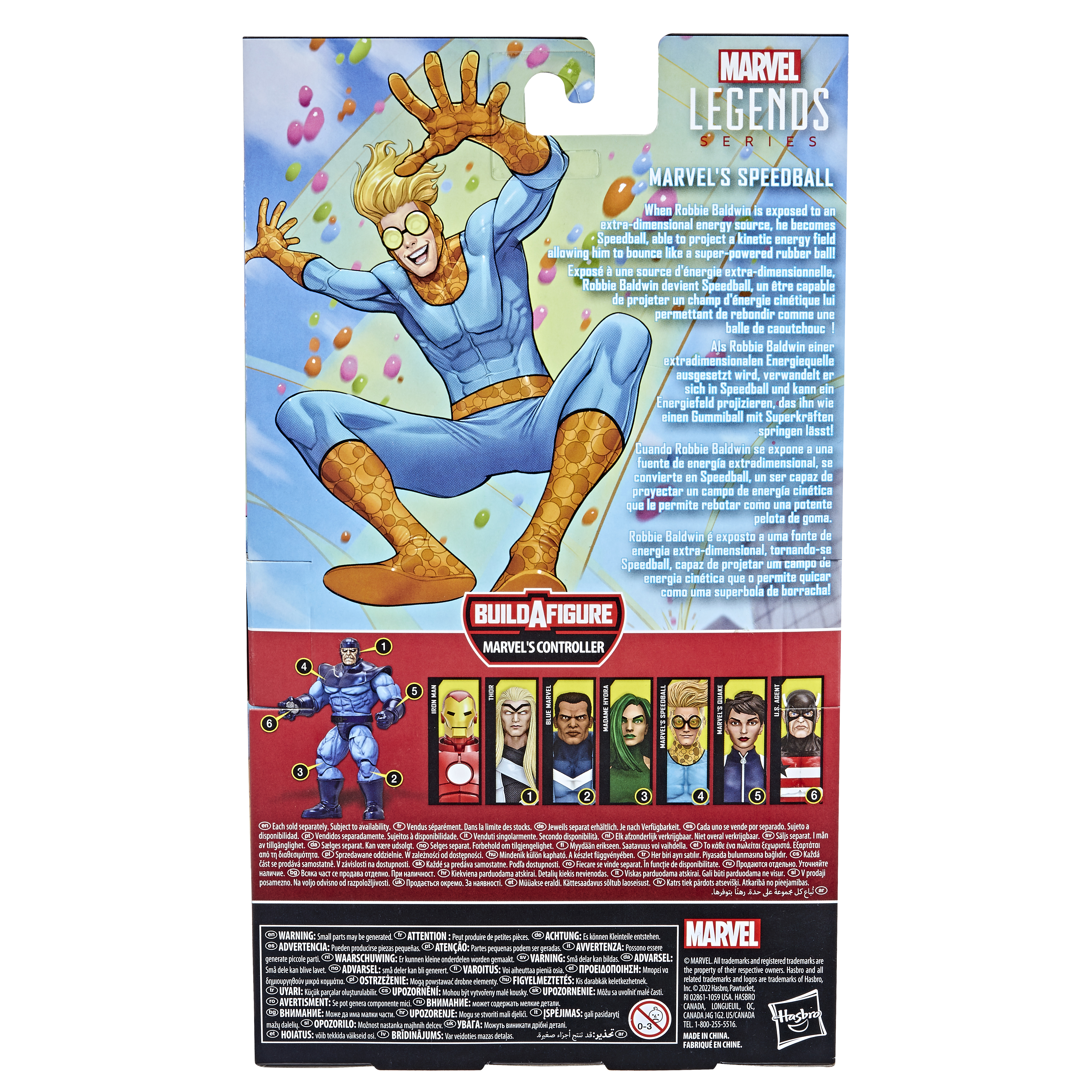 Parte trasera de la caja de Marvel Legends, figura de Speedball, estilo cómic, pose de acción, colores azul y naranja.