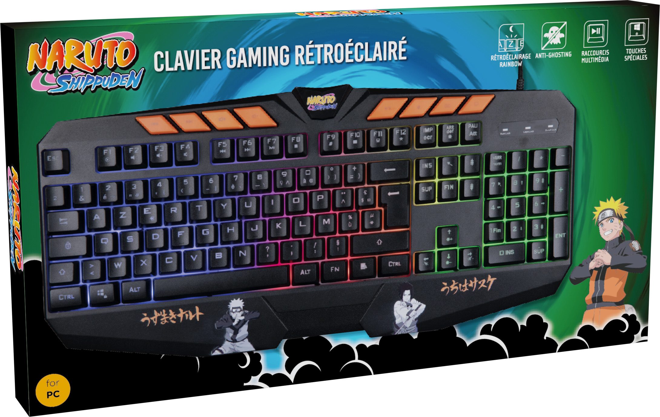 Pudełko klawiatury. Design Naruto. Czarna klawiatura z podświetleniem tęczowym. Postacie i logo na pudełku.