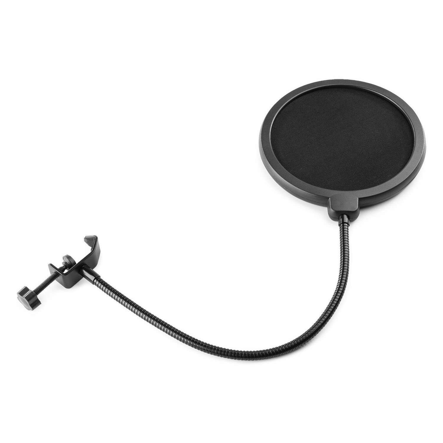 A black pop filter for a microphone, with a flexible arm and a clamp, against a white background.