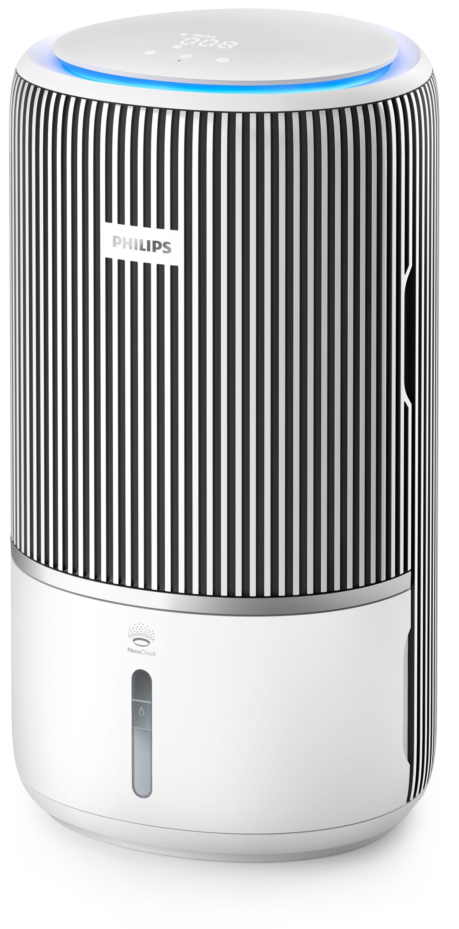 Weißer Philips Luftreiniger mit schwarzen Streifen. Er hat eine Digitalanzeige und eine Wasserstandsanzeige. Die Oberseite hat ein blaues Licht.