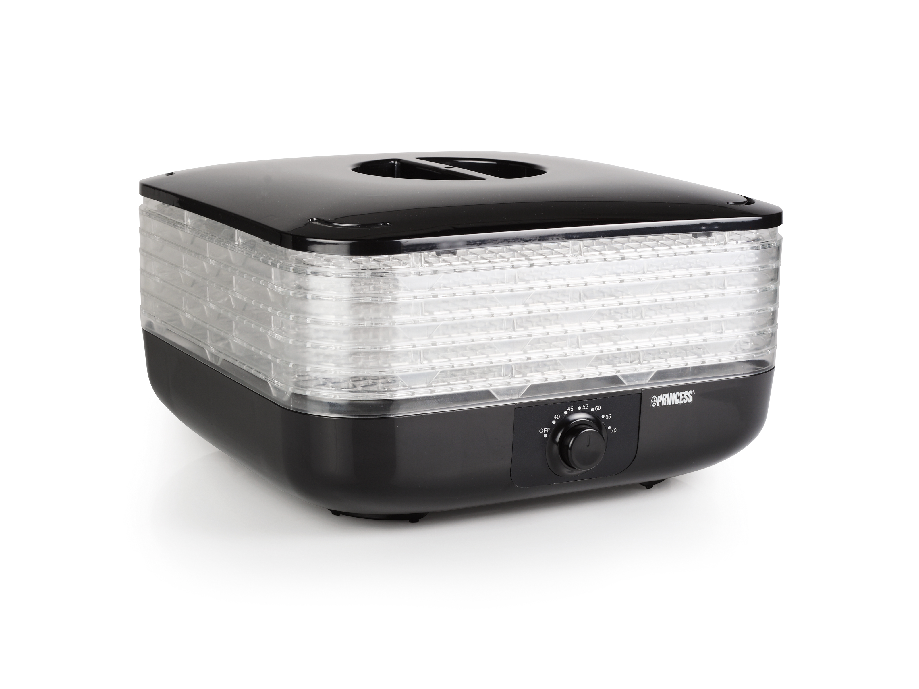 Czarny dehydrator do żywności z przezroczystymi tacami. Posiada pokrętło regulacji temperatury i logo Princess.