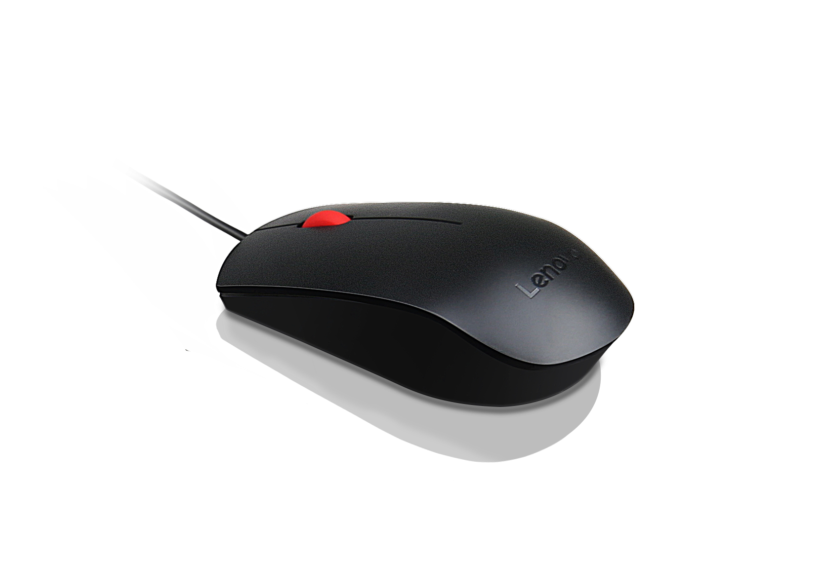 Ratón Lenovo negro con botón rojo, sobre fondo blanco, cable adjunto.