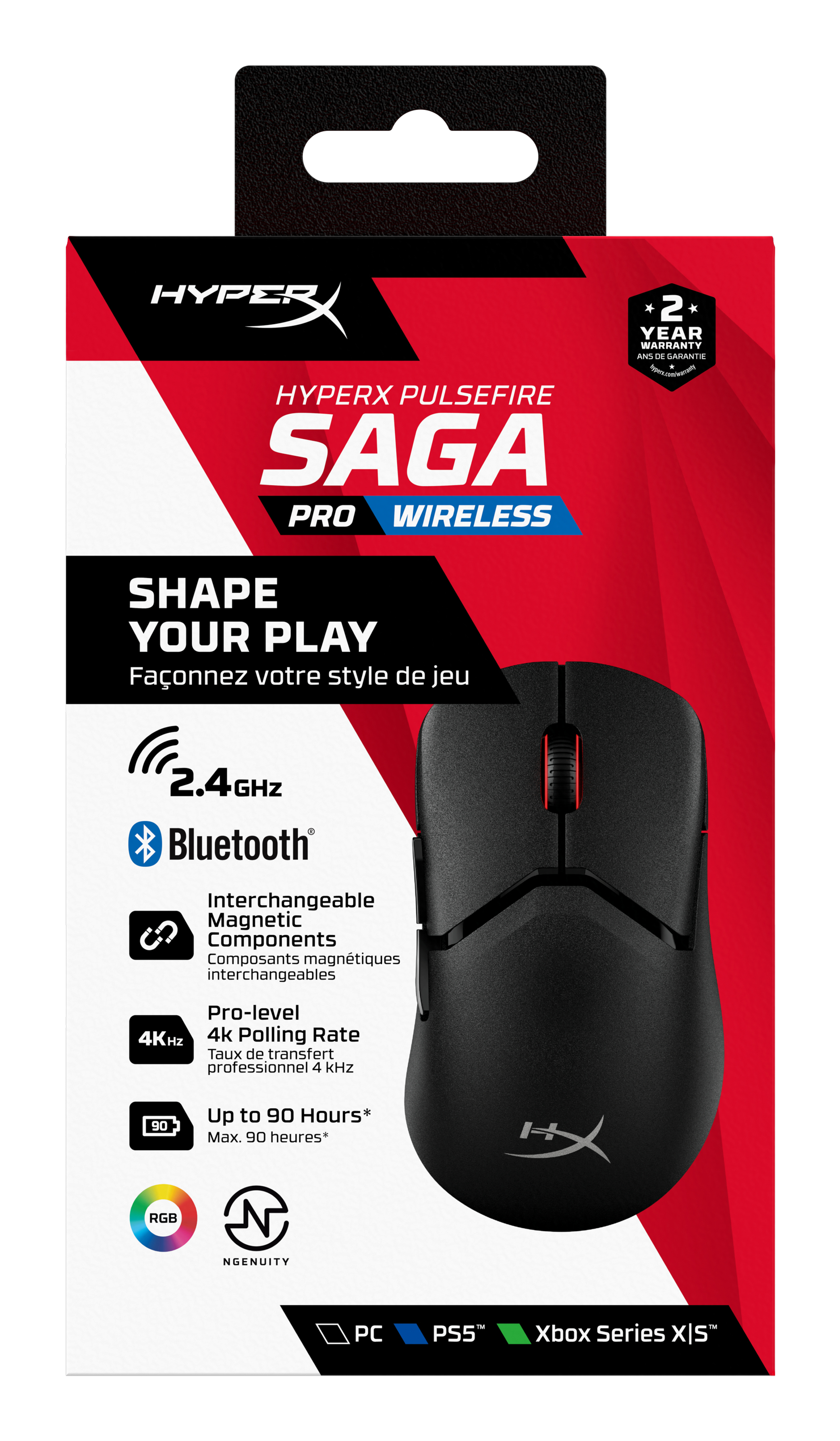 Czarna mysz HyperX Pulsefire Saga Pro Wireless na czerwono-czarnym pudełku, z Bluetooth i 2,4 GHz.