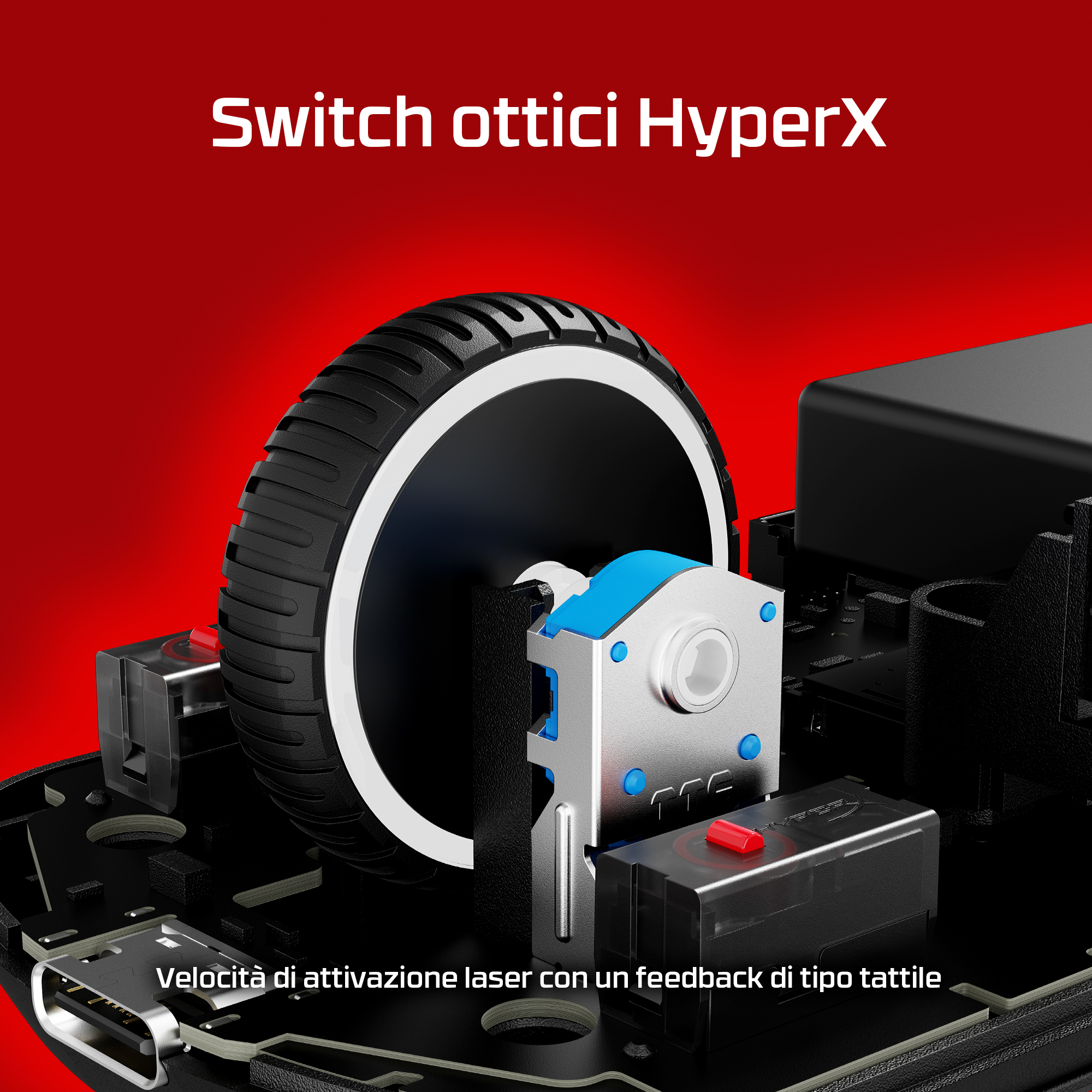 Zbliżenie czarnego elementu myszy z kółkiem i przełącznikiem. Czerwone tło, włoski tekst u góry i na dole.