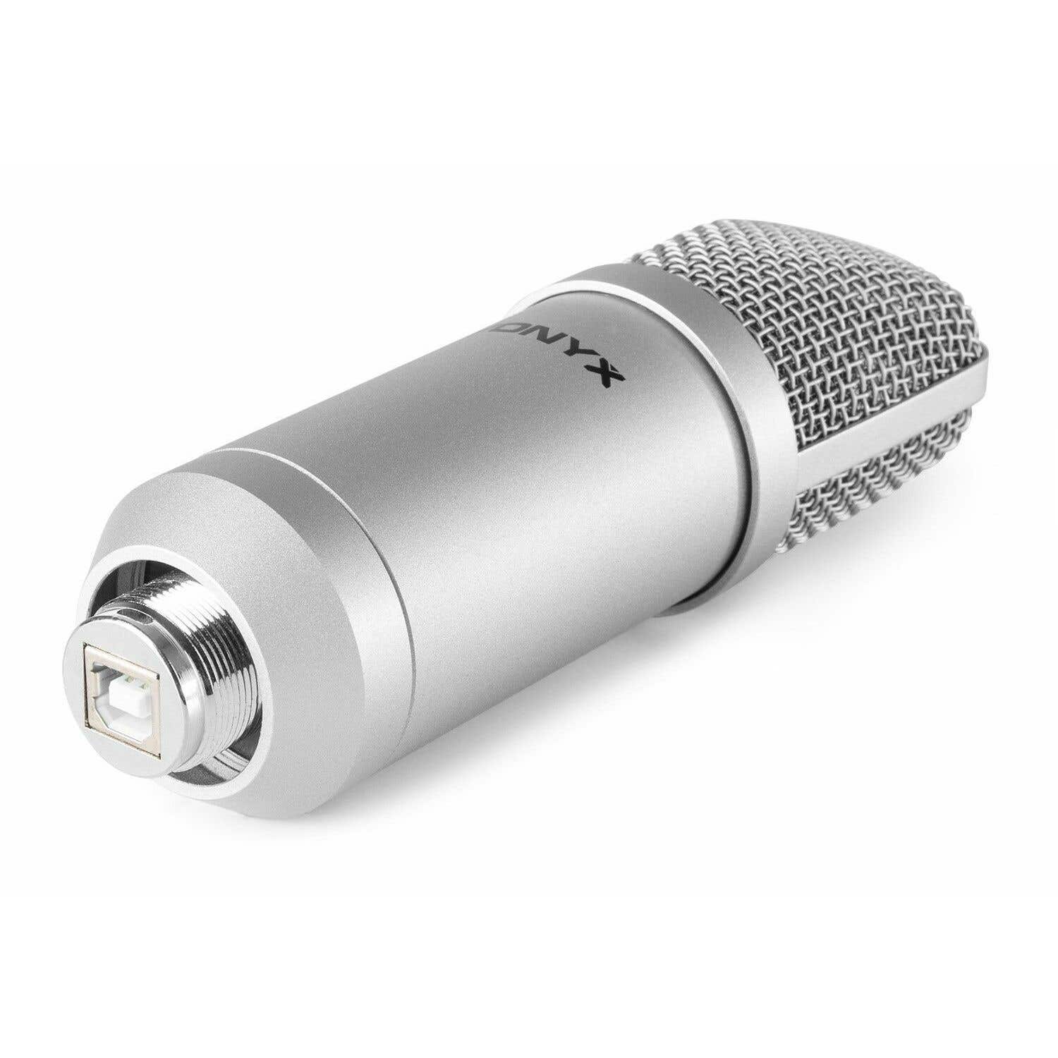 A silver Onyx microphone lies on a white surface. It has a mesh head, a cylindrical body, and a USB port at the base.