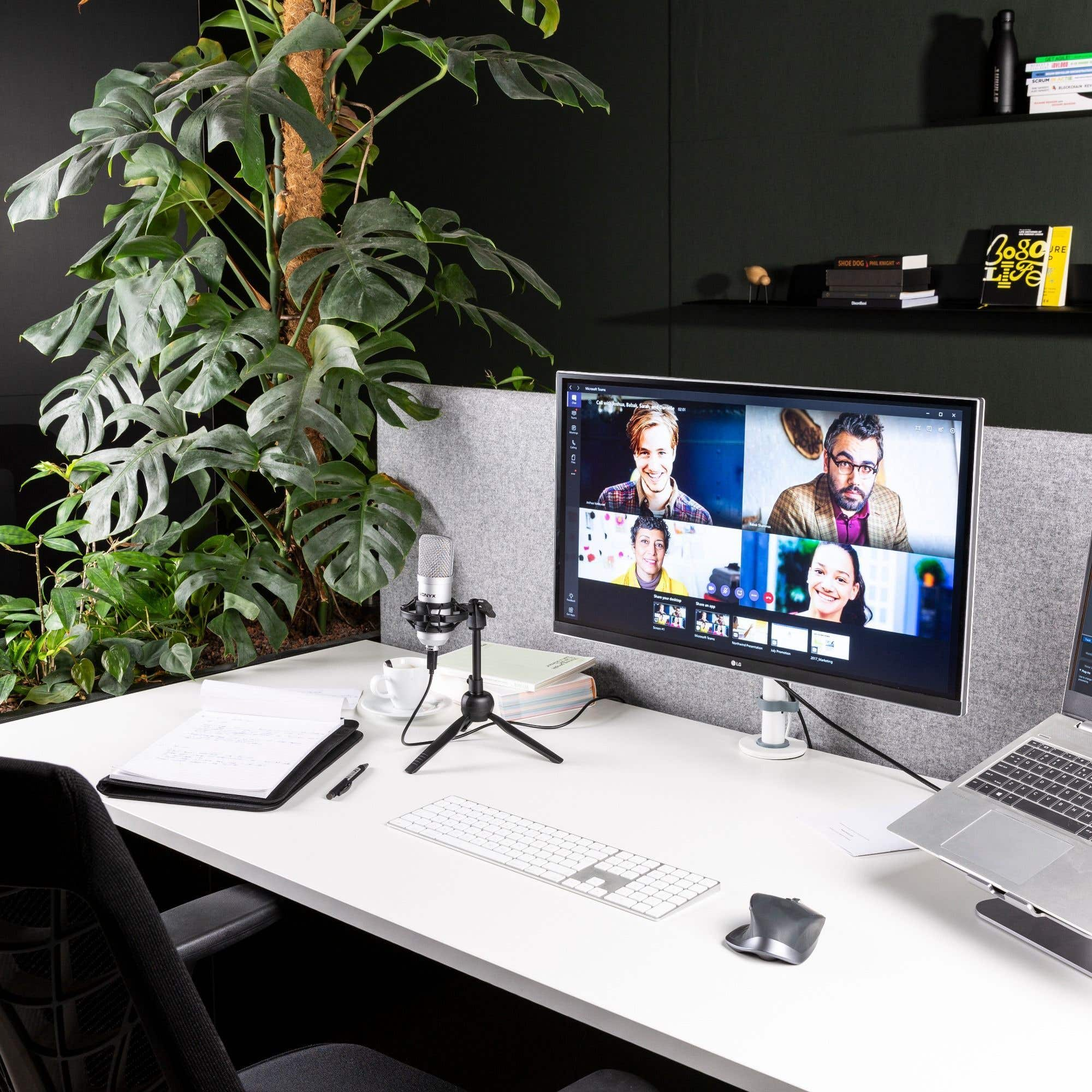 A modern office setup with a video call on the monitor. A plant and desk items are in the foreground, with shelves in the background.