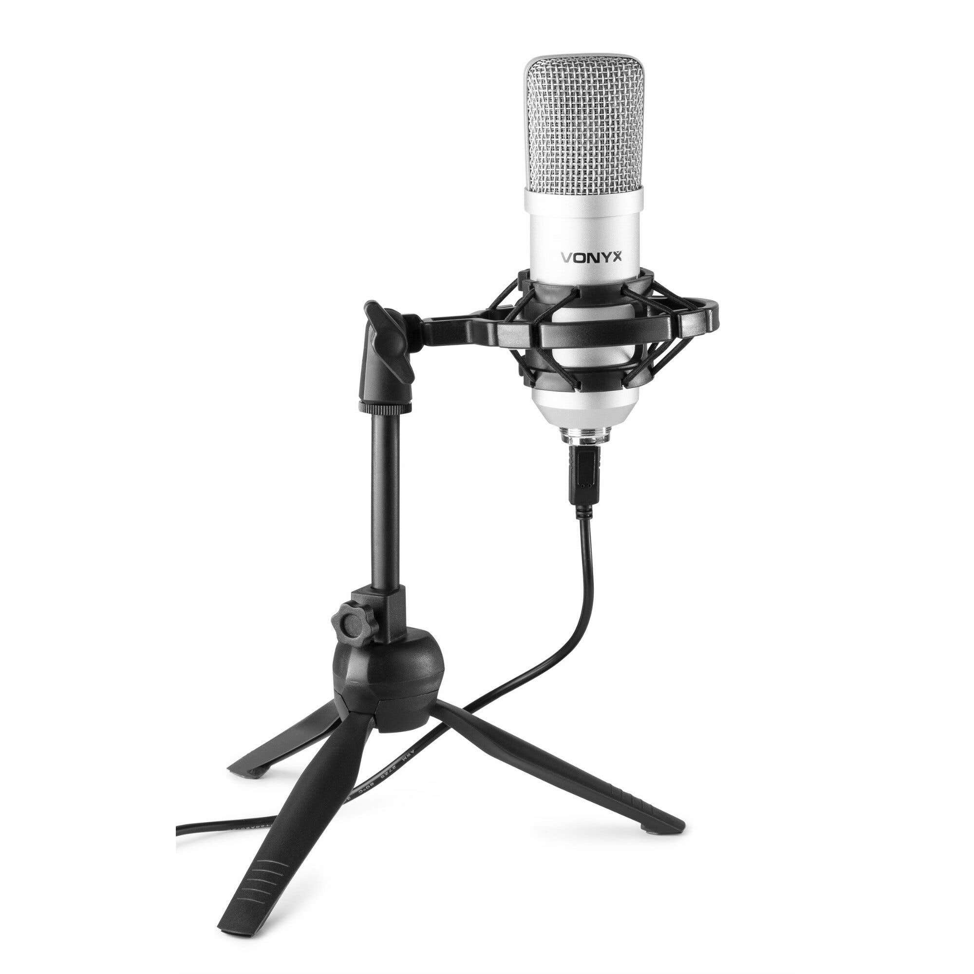 A silver Vonyx microphone on a black stand. The stand is a tripod design with a black cable.