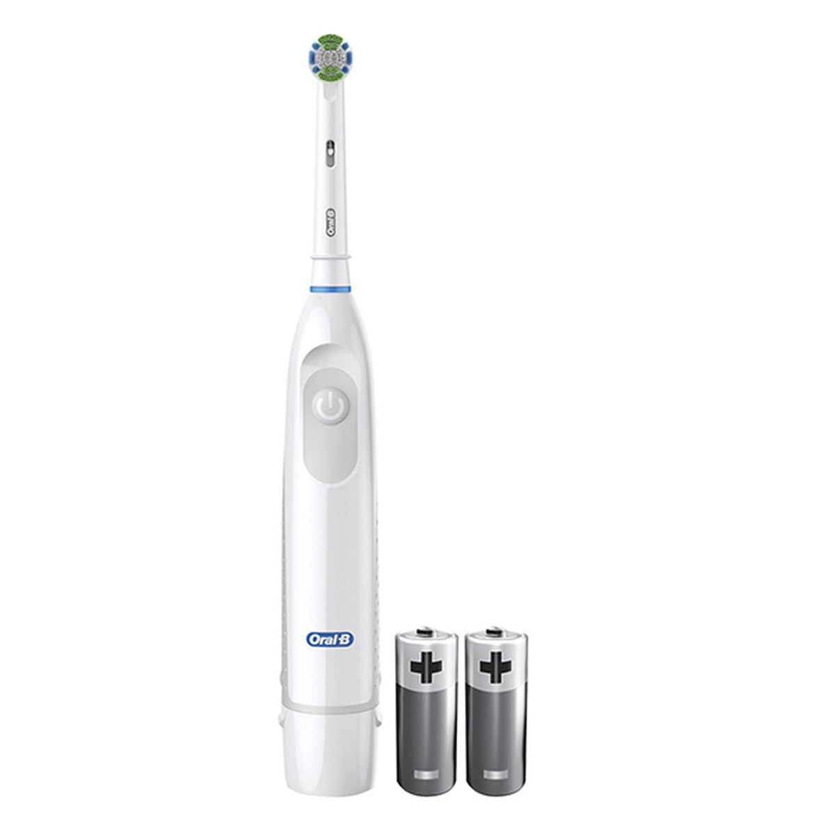 Uno spazzolino elettrico Oral-B bianco con due batterie grigie accanto. La testina è verde e blu.