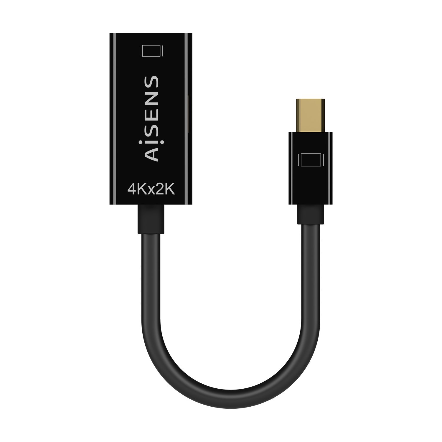 Cable adaptador AVISENS 4Kx2K negro. Un extremo tiene un conector rectangular, el otro dorado, conectados por un cable negro.