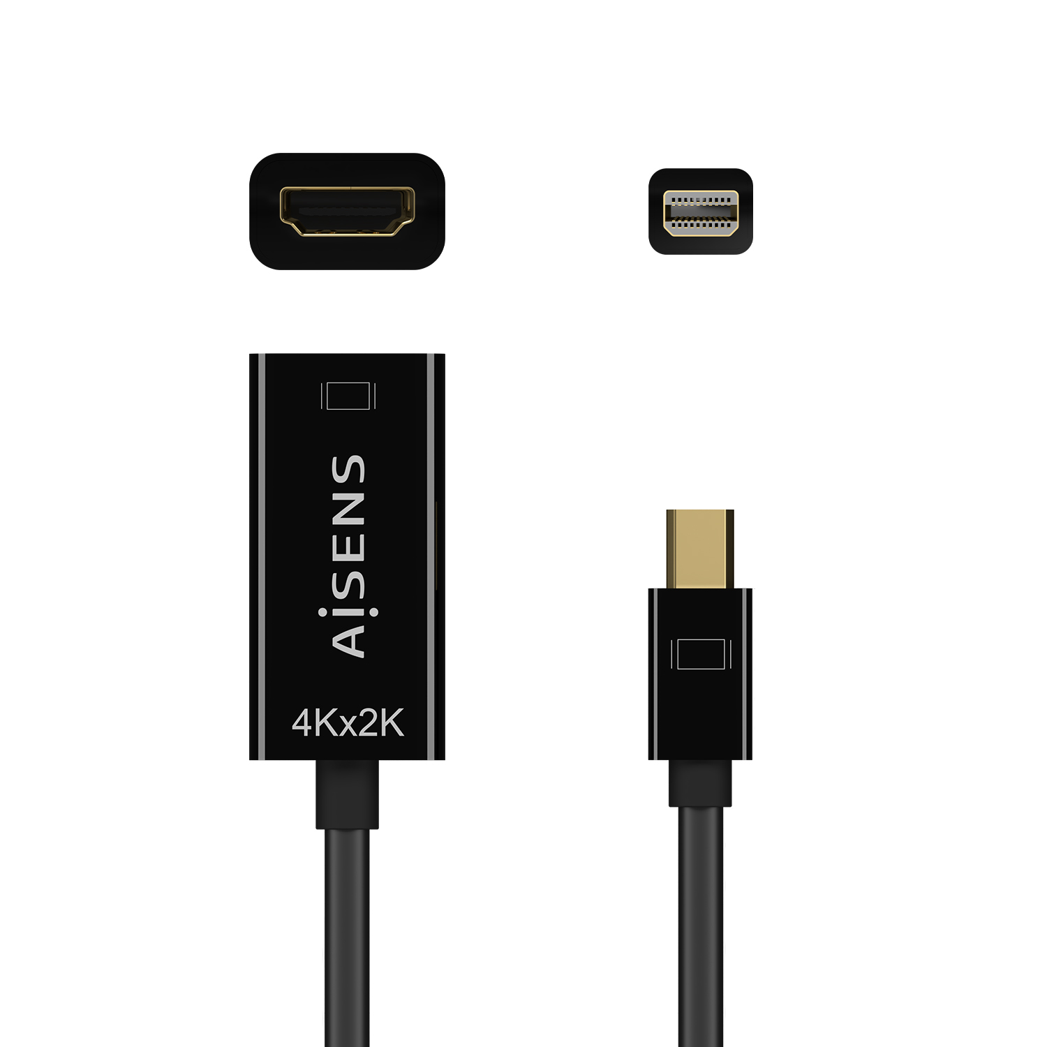 Cable adaptador negro con conectores HDMI y Mini DisplayPort. Marca 'AiSENS' y '4Kx2K' visibles en el adaptador.