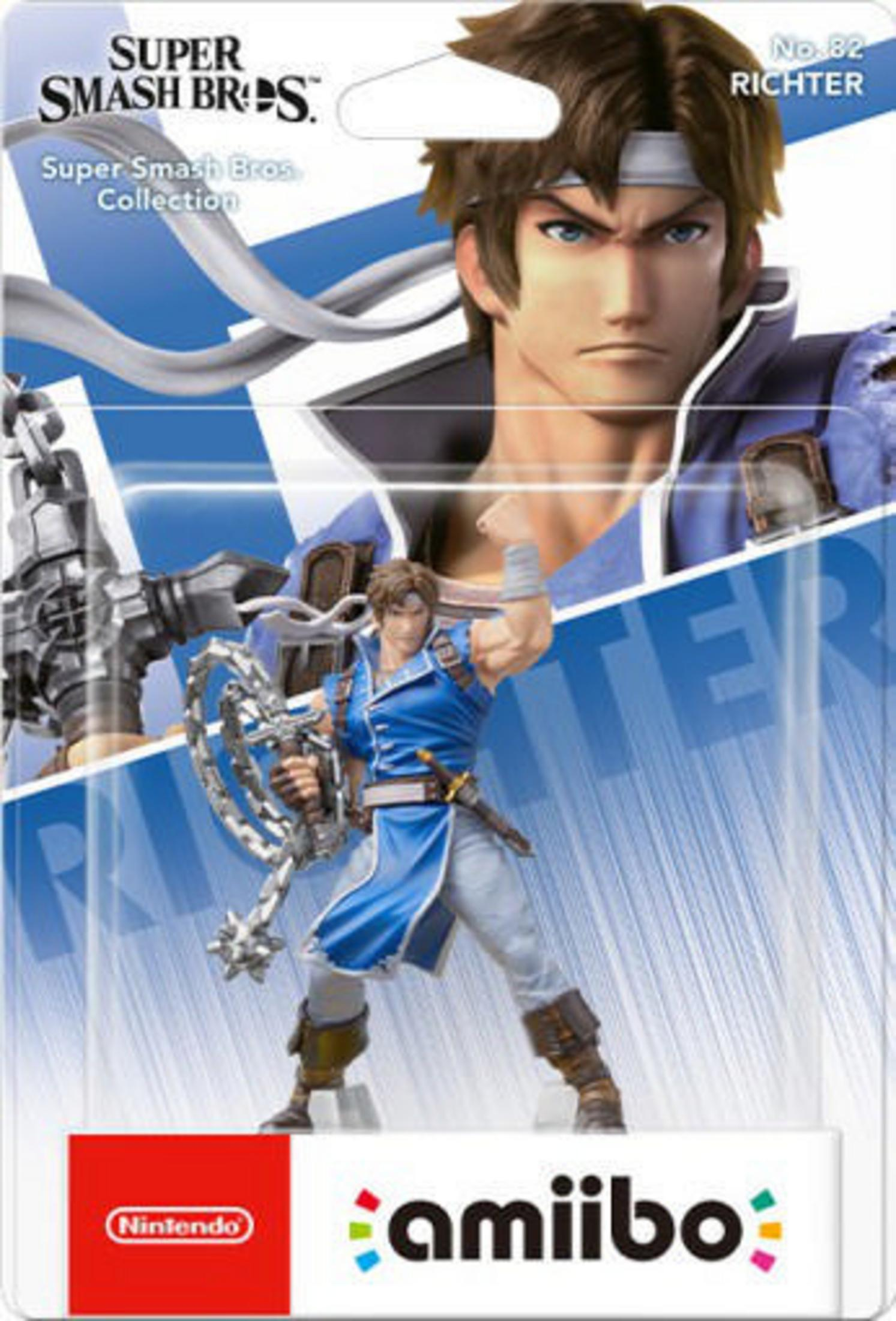 Figura Amiibo de Richter de Super Smash Bros. Viste azul y blanco, sosteniendo un arma. El embalaje muestra su rostro.