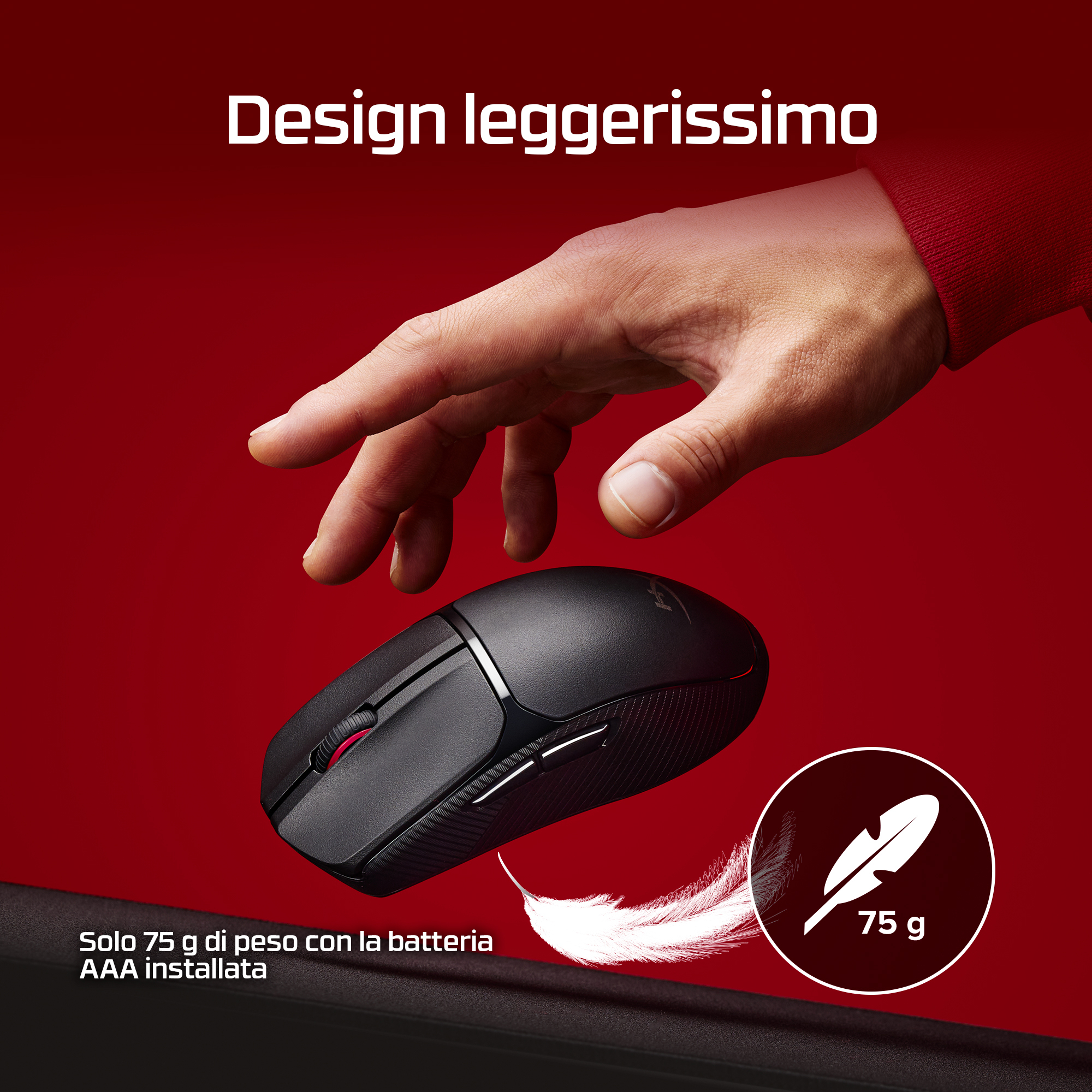 Una mano sopra un mouse nero. Testo: 'Design leggerissimo'. Un'icona di piuma indica 75g di peso.