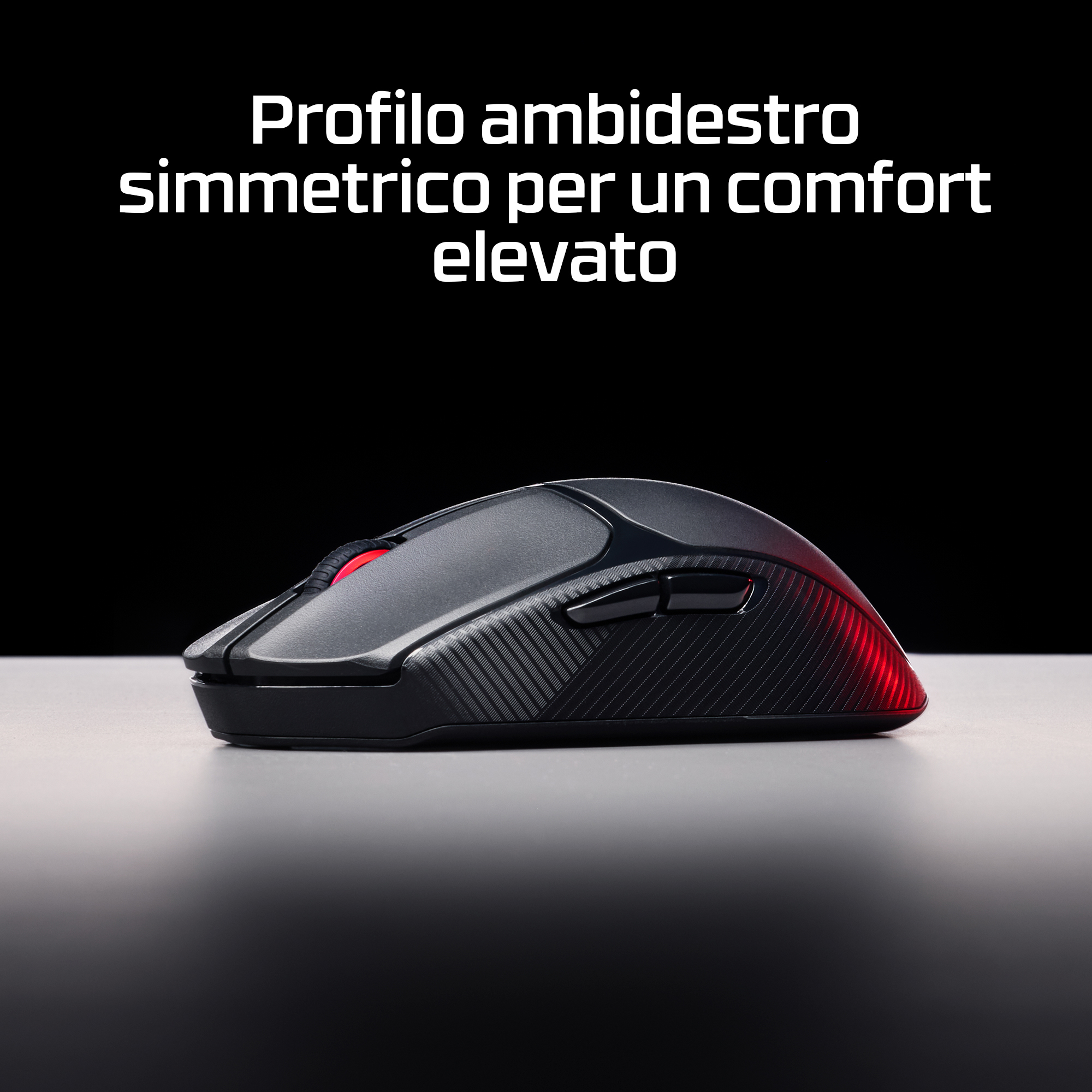 Un mouse ambidestro nero e grigio con rotella e dettagli rossi. Lo sfondo è nero.