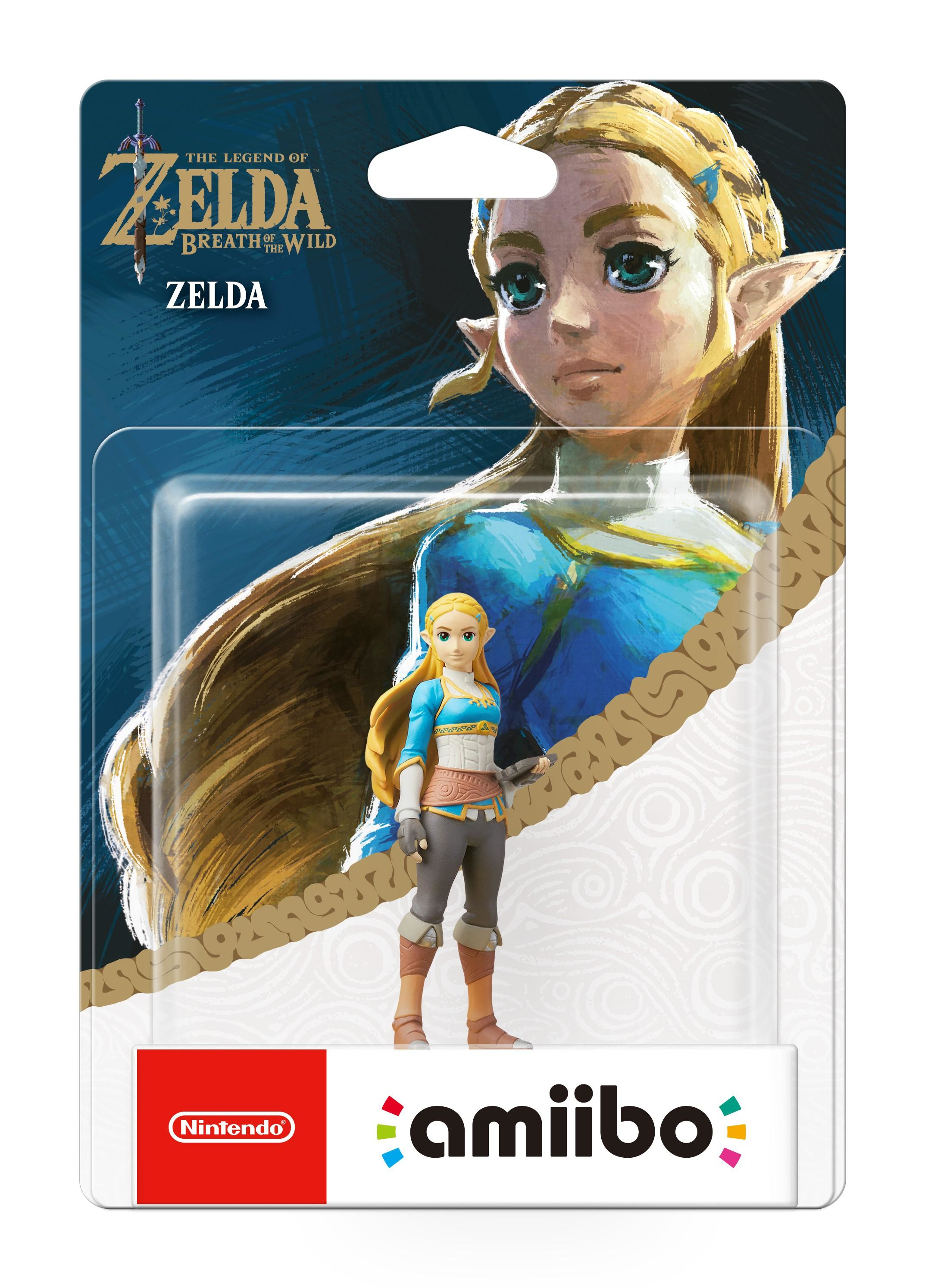 Zelda-Amiibo-Figur in der Verpackung. Die Verpackung zeigt Zeldas Bild. Nintendo- und Amiibo-Logos sind vorhanden.