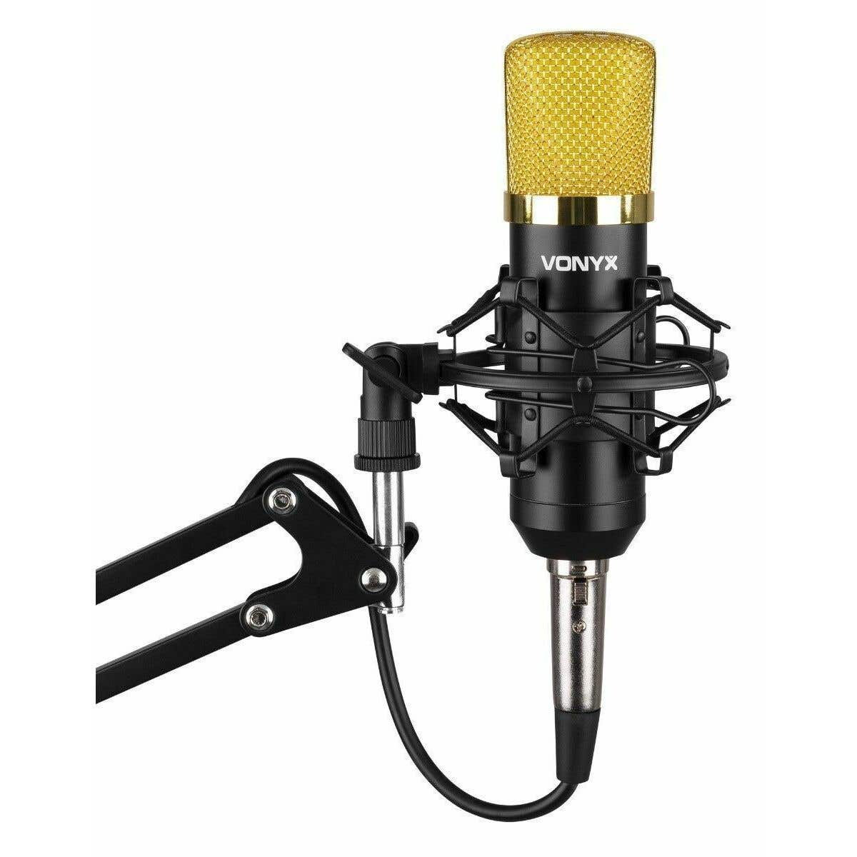 A gold and black Vonyx microphone with a black stand and cable. The mic is on a white background.
