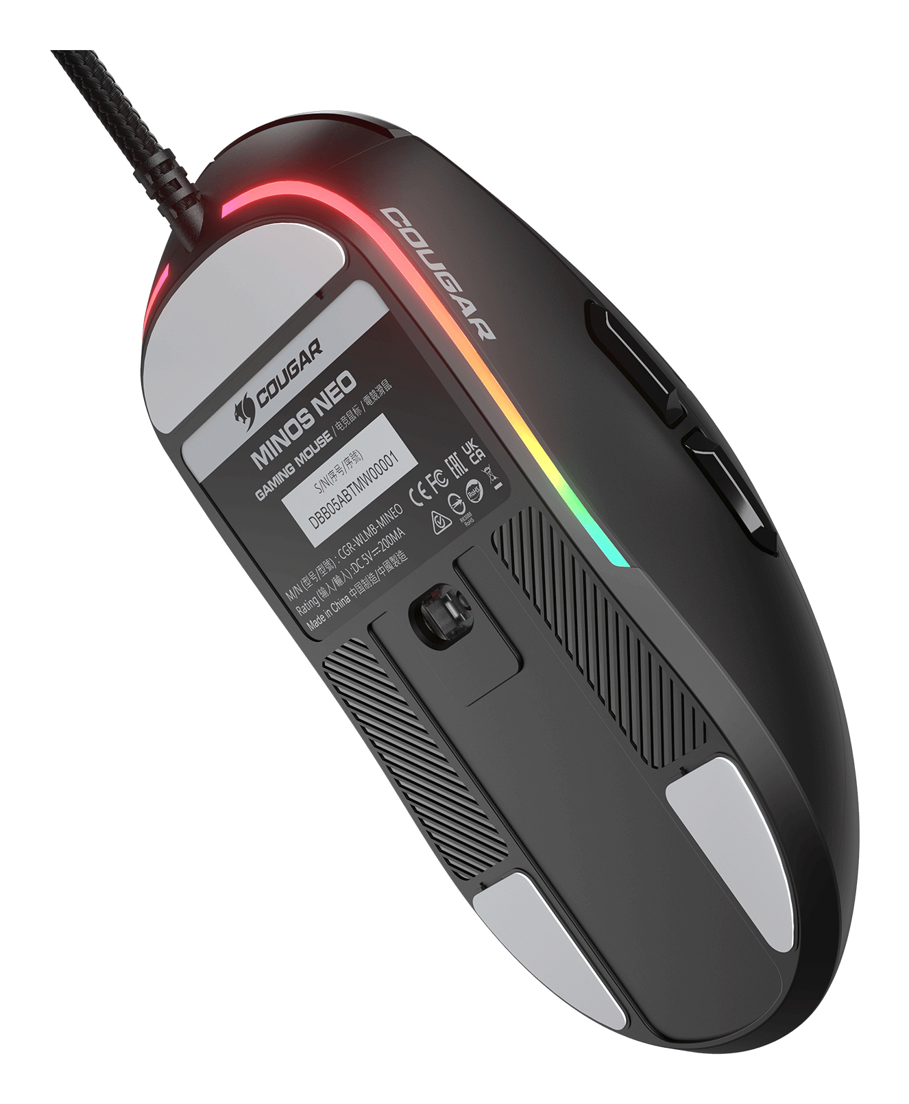 Mysz gamingowa Cougar Minos Neo, czarna z podświetleniem RGB, pokazująca spód i bok. Zawiera przyciski i etykiety.