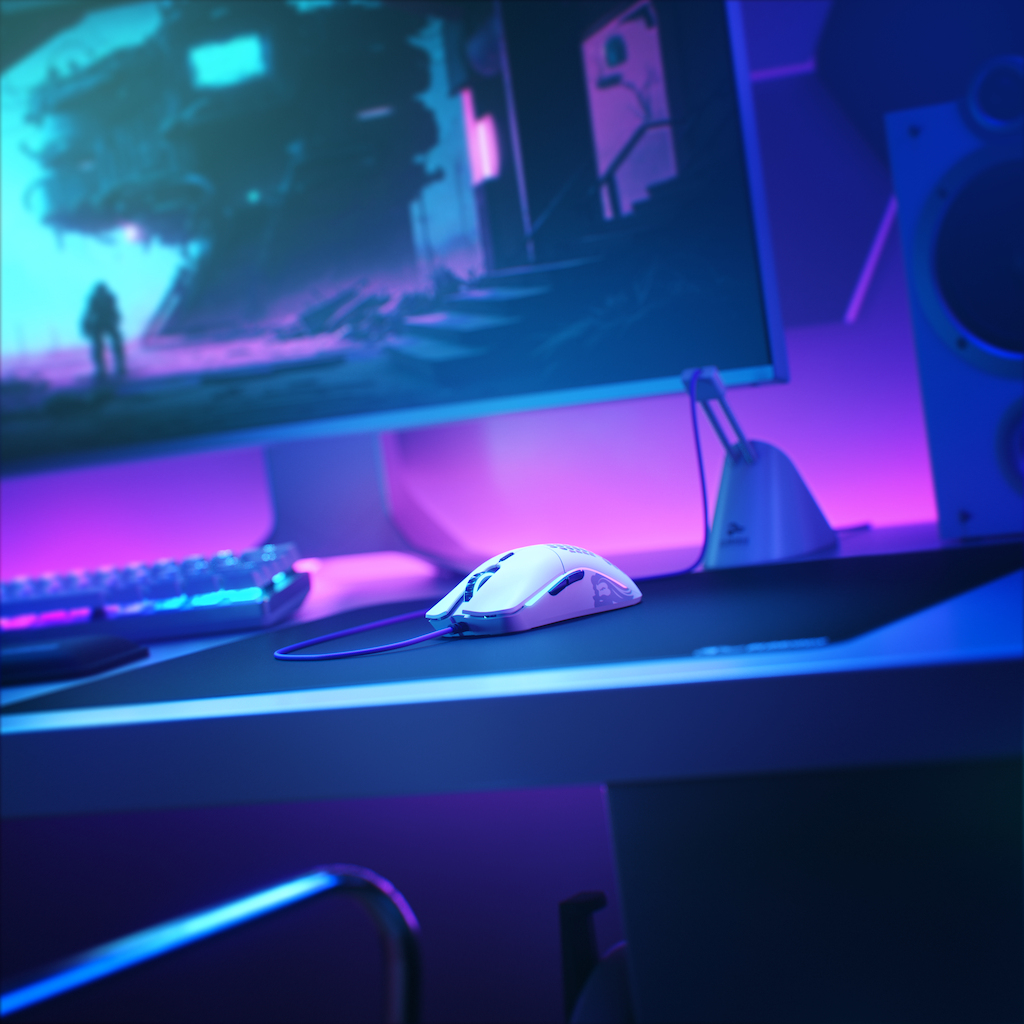 Siyah bir mouse pad üzerinde beyaz bir oyuncu faresi. Arka planda mavi ve mor ışıklarla aydınlatılmış bir klavye ve monitör var.