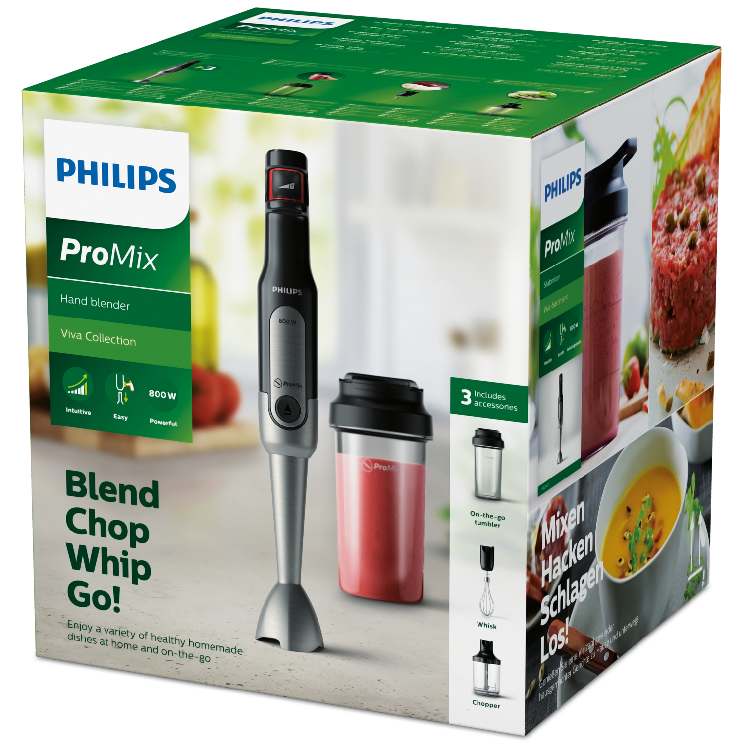 Una caja de batidora de mano Philips ProMix. Muestra la batidora, accesorios y ejemplos de platos. La caja es verde y blanca.