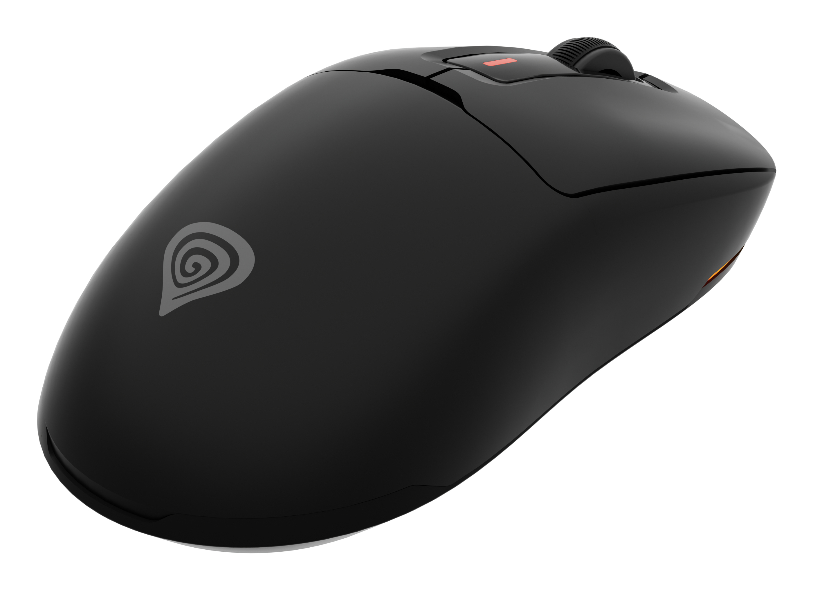 Eine schwarze Computermaus mit Scrollrad und Logo auf weißem Grund. Sie hat eine rote Anzeige.