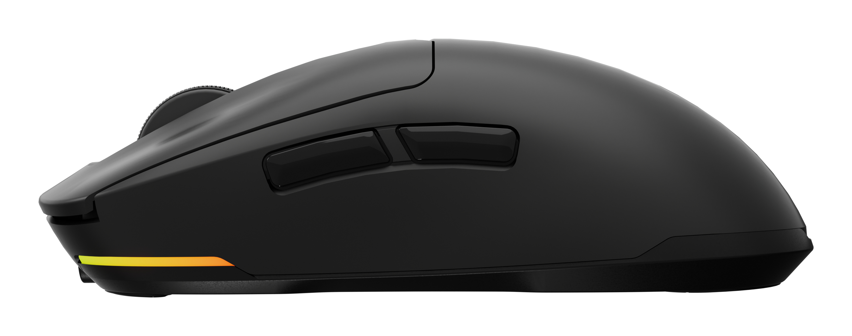 Eine schwarze Computermaus mit zwei Tasten und einem Scrollrad, Seitenansicht, auf weißem Hintergrund.