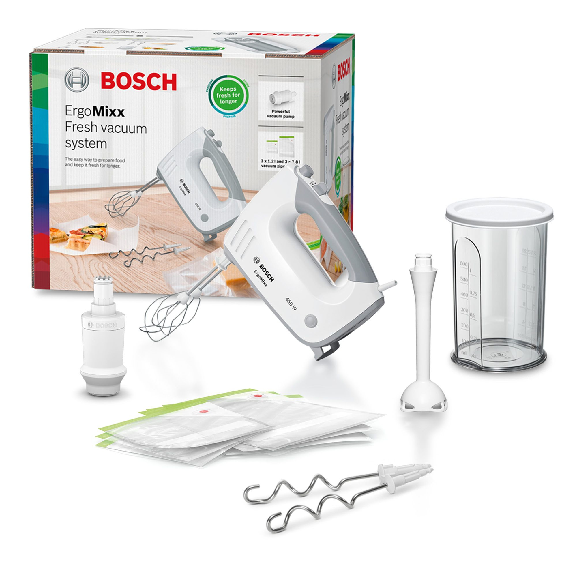 Bosch ErgoMixx vacuum system, white mixer with accessories, including measuring cup, vacuum bags, and a blender.