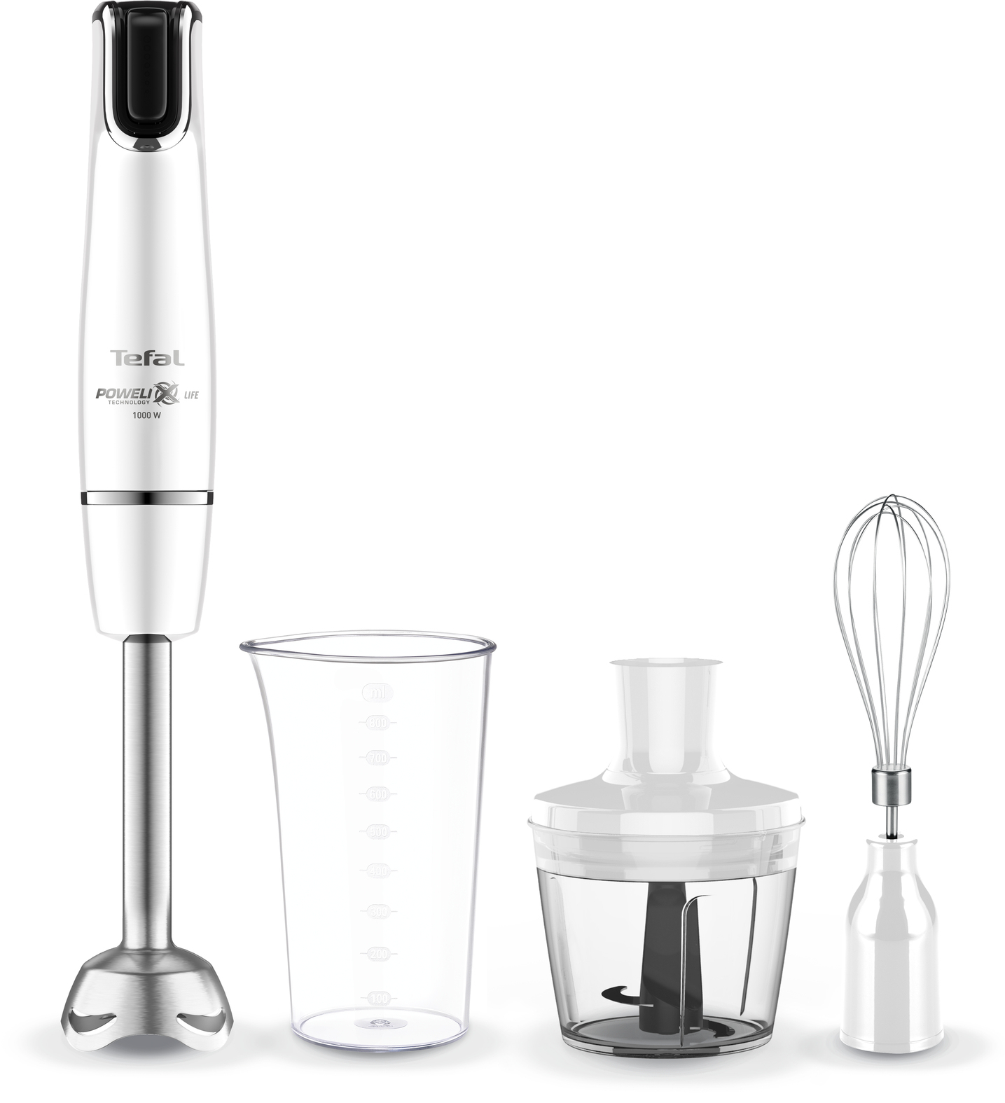 Un frullatore a immersione Tefal Powelix Life bianco e argento con accessori: bicchiere, tritatutto, frusta e asta.