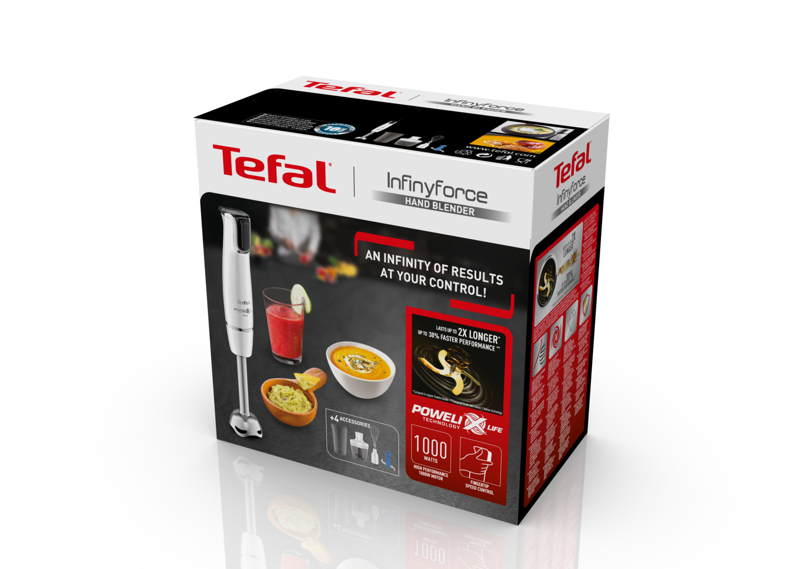 Scatola del frullatore a immersione Tefal Infinyforce. Mostra il frullatore, immagini di cibo e dettagli del prodotto. Colori: bianco, rosso e nero.