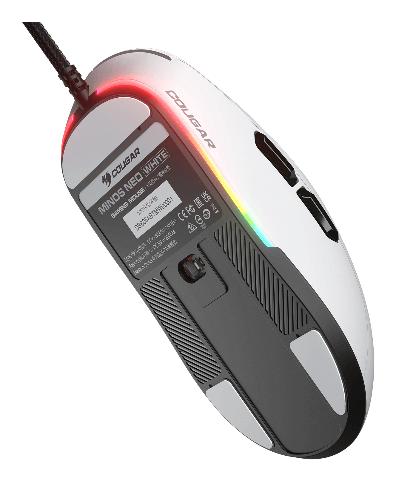 Biała mysz gamingowa Cougar MINOS NEO WHITE z czarnym kablem. Posiada oświetlenie RGB i czarne akcenty. Mysz jest pod kątem.