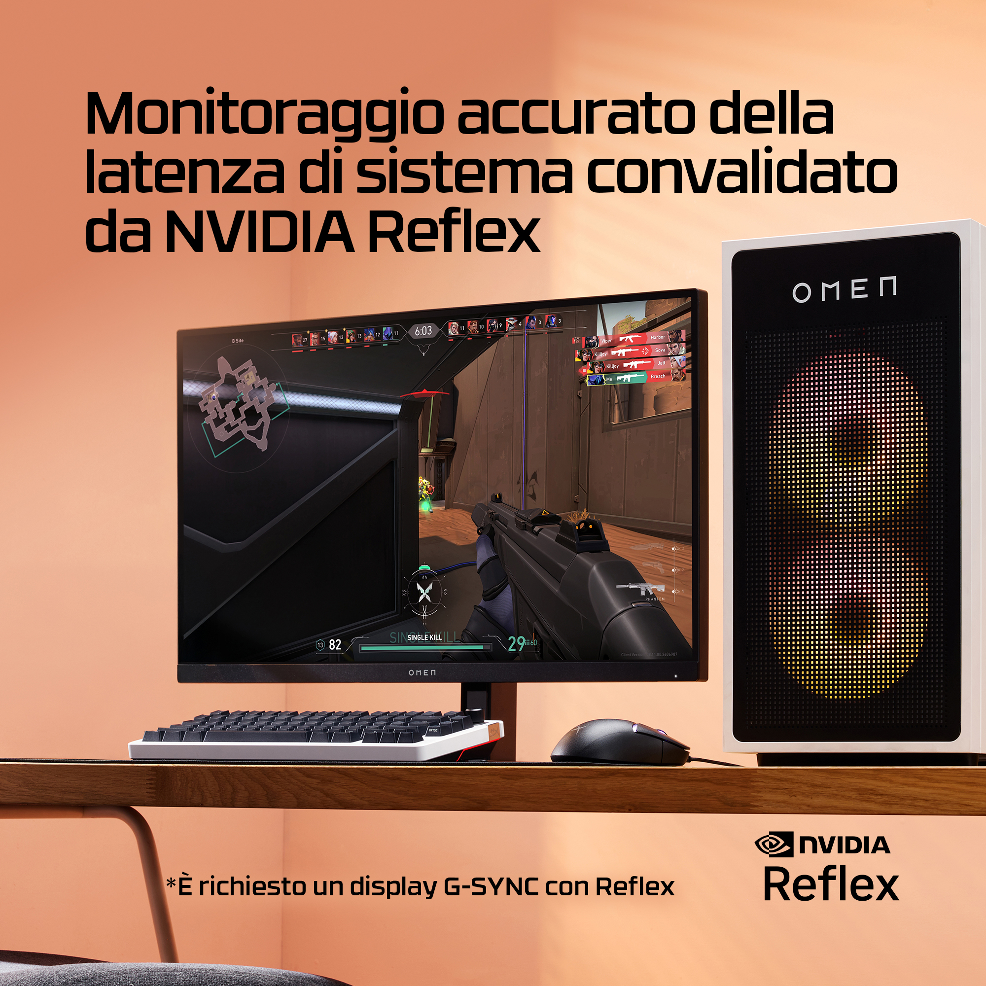 Konfiguracja do gier z monitorem wyświetlającym grę, klawiaturą, myszą i obudową komputera na drewnianym biurku.