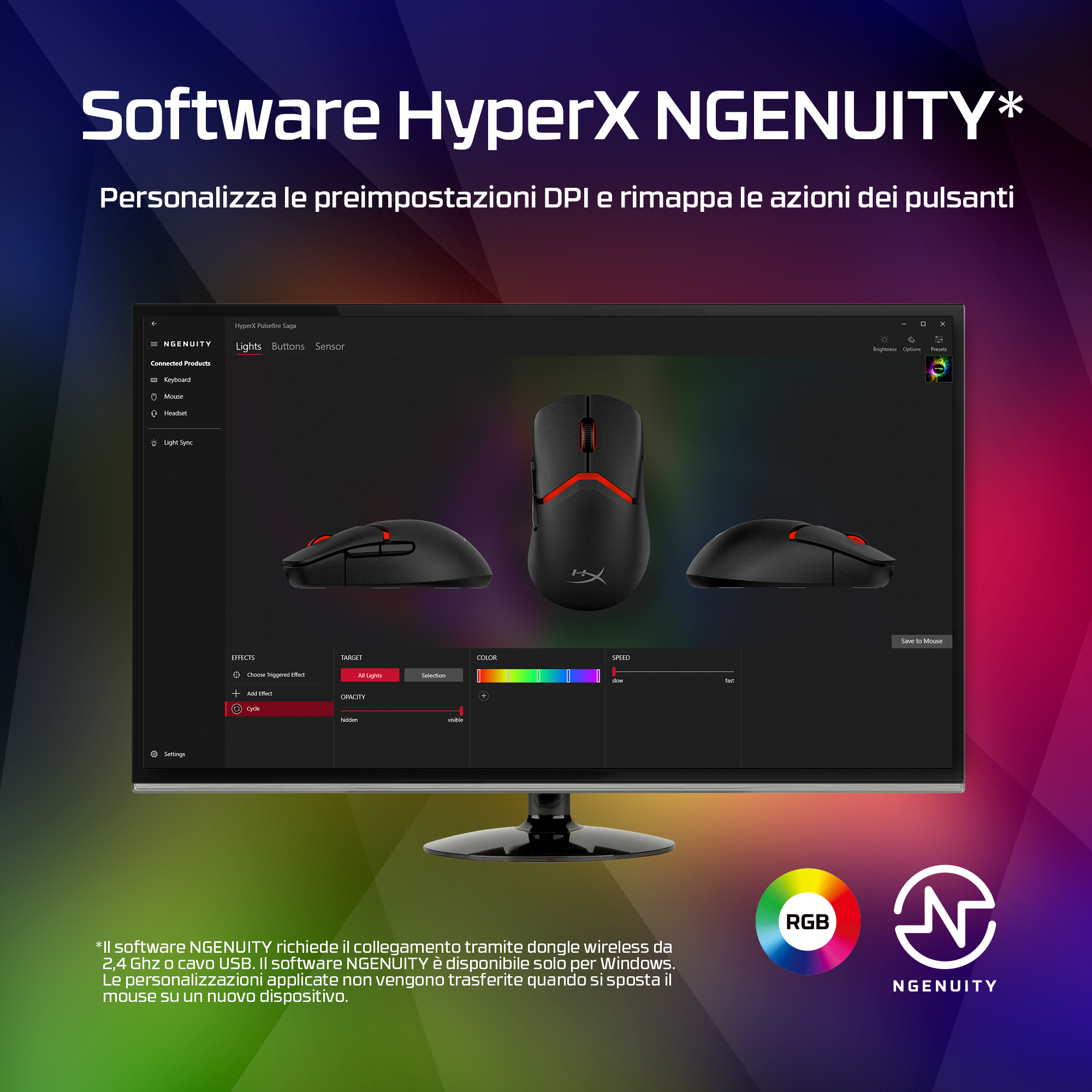 Obraz przedstawia oprogramowanie HyperX NGENUITY z myszą, ustawieniami i opcjami kolorów RGB.