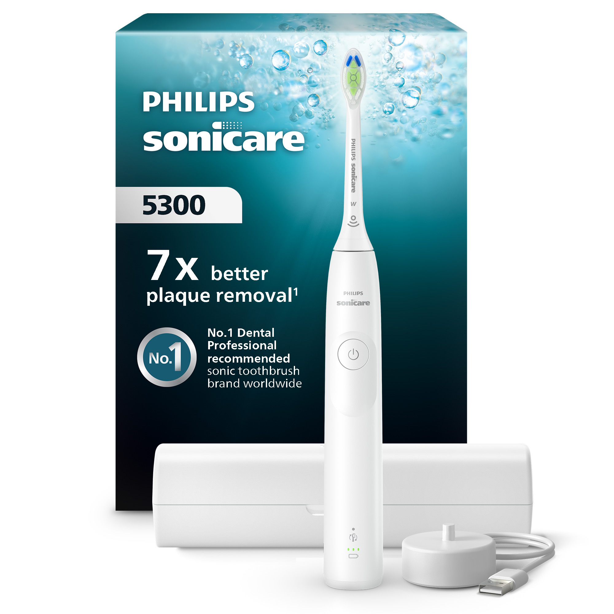 Biała szczoteczka elektryczna Philips Sonicare 5300 z ładowarką i etui podróżnym. Pudełko jest w tle.
