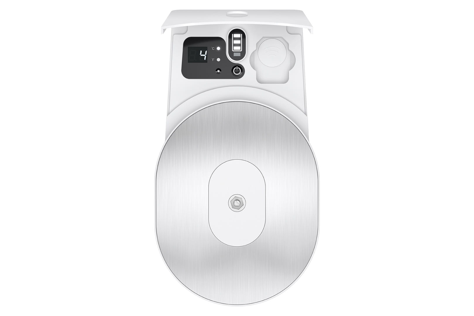 Dispositivo bianco con display digitale '4'. Piastra metallica in basso. Icone batteria e alimentazione visibili.