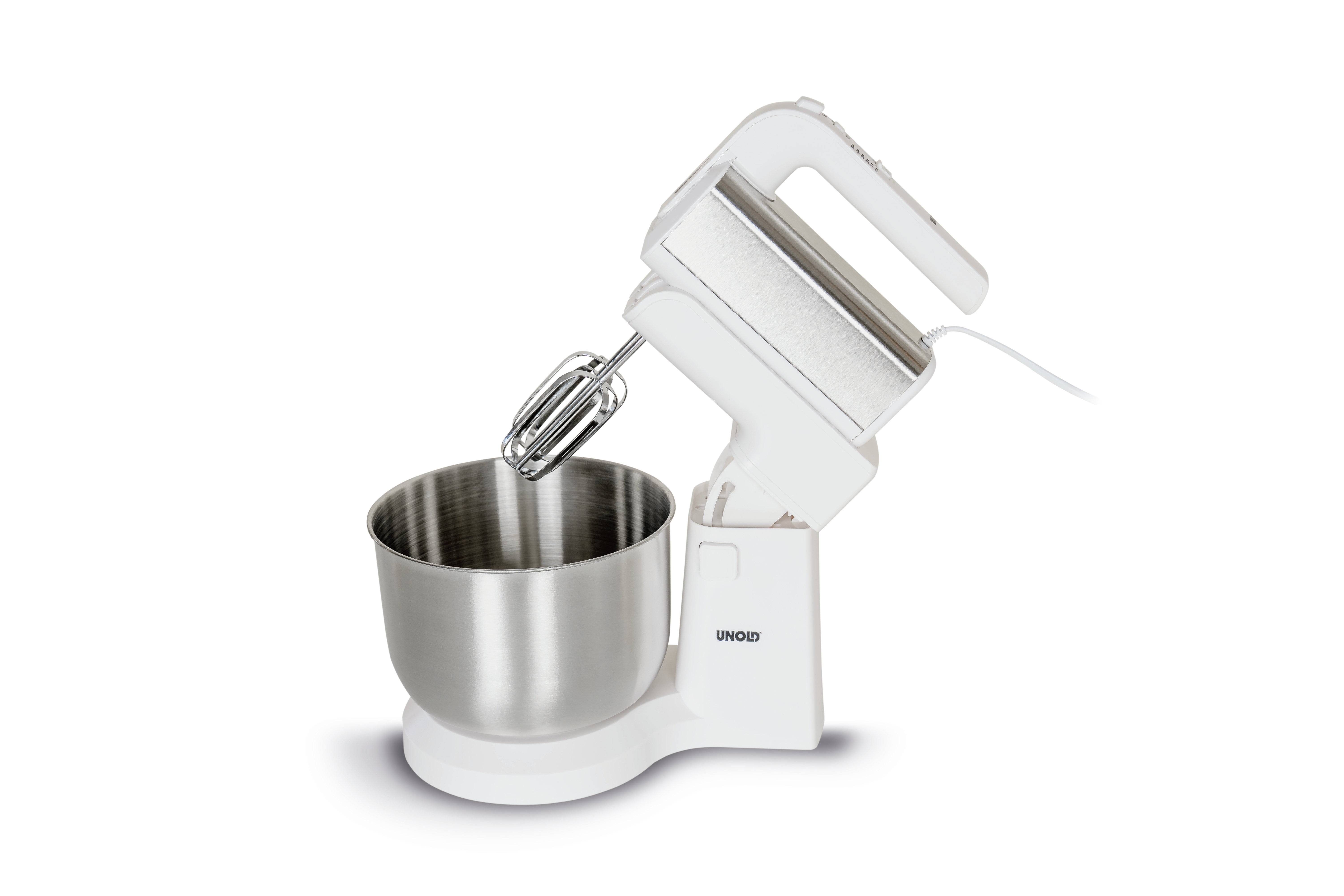 Un mixer da supporto bianco e argento con una ciotola. Il mixer ha una maniglia e fruste.