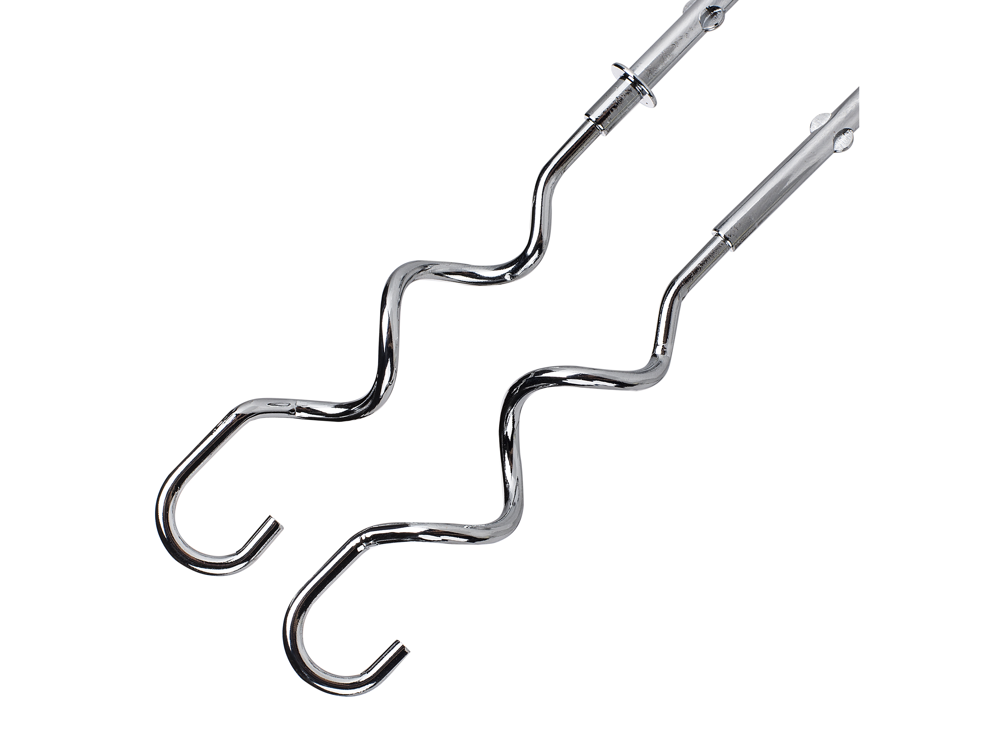 Due fruste per mixer ondulate e lucenti su sfondo bianco. Ganci in basso, connettori in alto.
