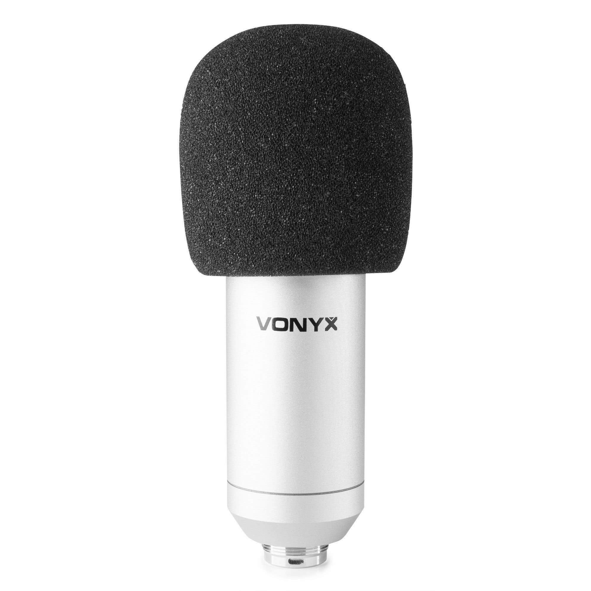 A silver Vonyx microphone with a black foam cover. The microphone is on a white background.