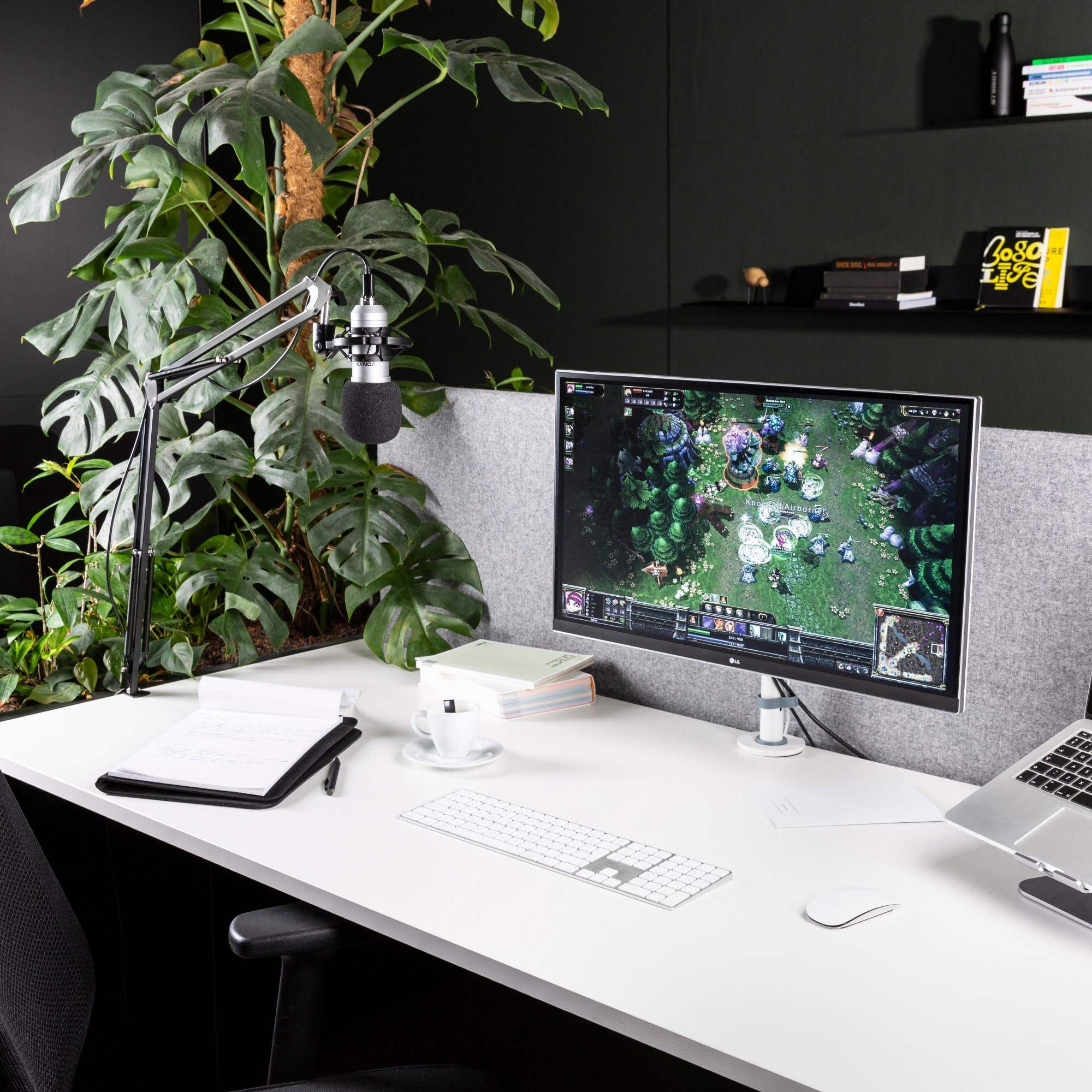A modern workspace with a computer, microphone, and plants. A game is displayed on the screen. There are books and a keyboard.