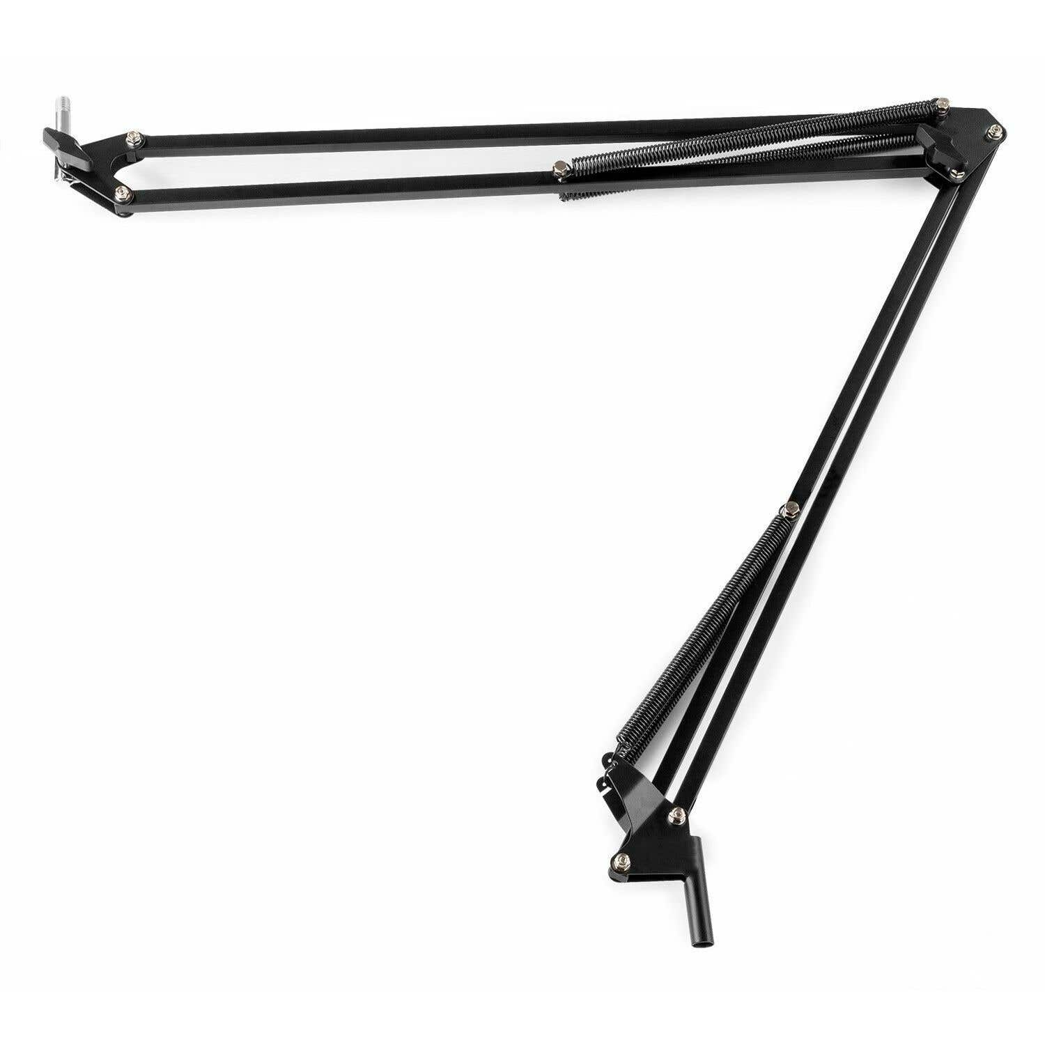 A black microphone boom arm with springs and joints, extending diagonally across a white background.
