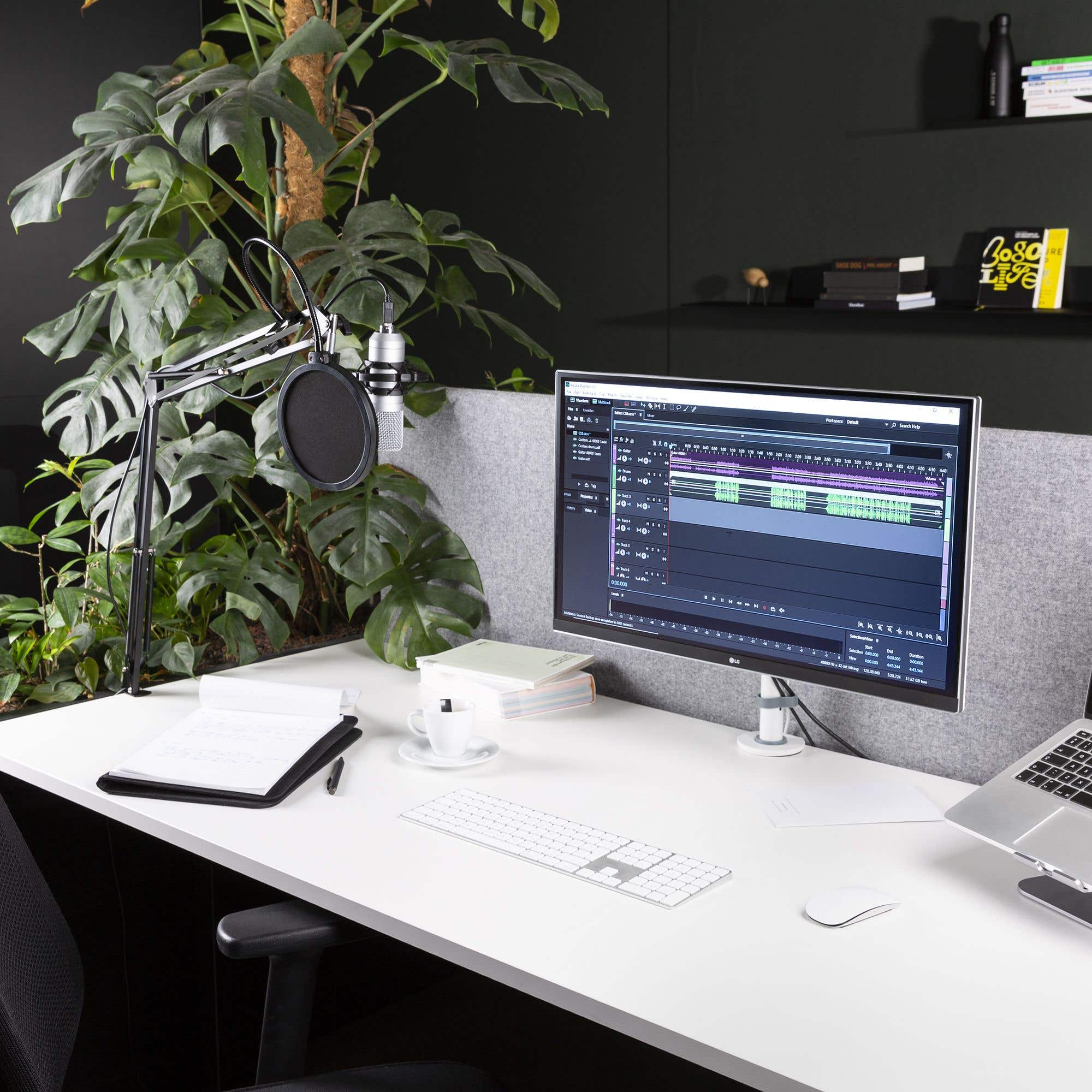 Desk with a monitor, microphone, plants, and laptop. A coffee cup and keyboard are also visible.
