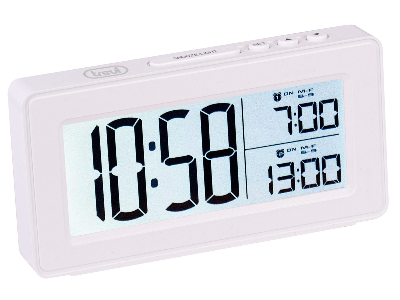 Ein weißer digitaler Wecker zeigt 10:58 Uhr an. Er hat Tasten für Schlummer/Licht und Einstellen. Zwei Weckzeiten werden angezeigt: 7:00 und 13:00.