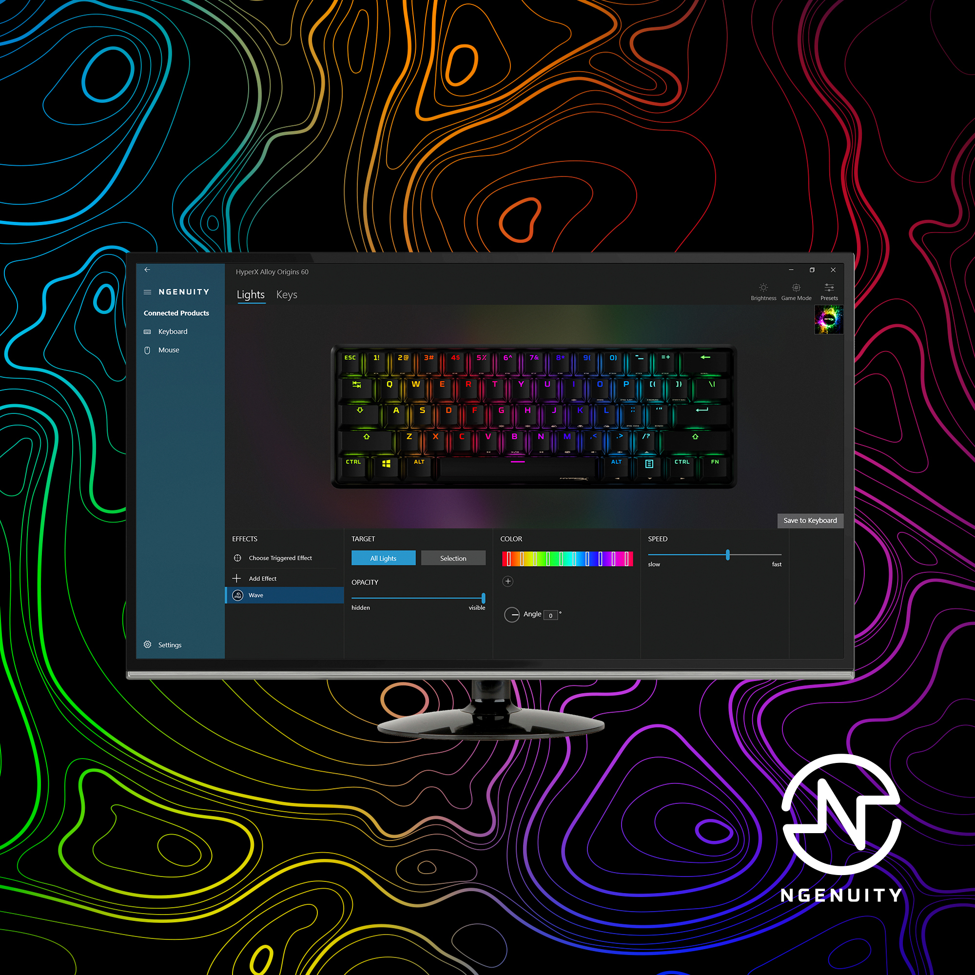 Klawiatura wyświetlana na monitorze. Klawiatura ma kolorowe światła. Tło to czarny i kolorowy wzór.